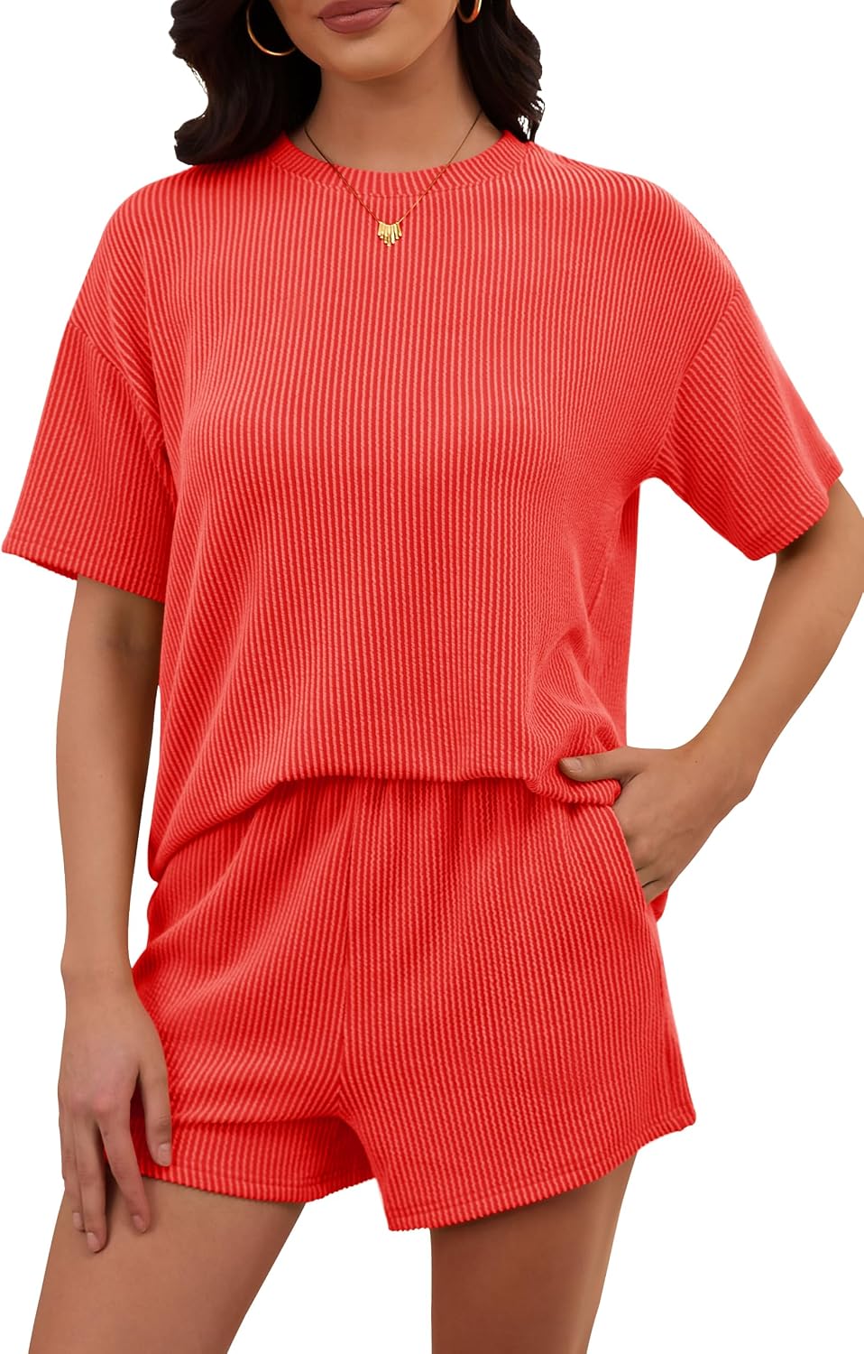 Detalle de RUBZOOF Women's 2 Piece Knit Lounge Set — Short Sleeve Top + Shorts