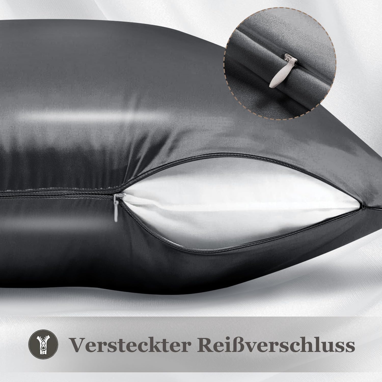 Thumbnail 5 de Adubor 100% Seidenkissenbezug 40x80 cm (23 Momme, 900 Fadenzahl) mit verstecktem YKK-Reißverschluss – Grau, 1 Stück