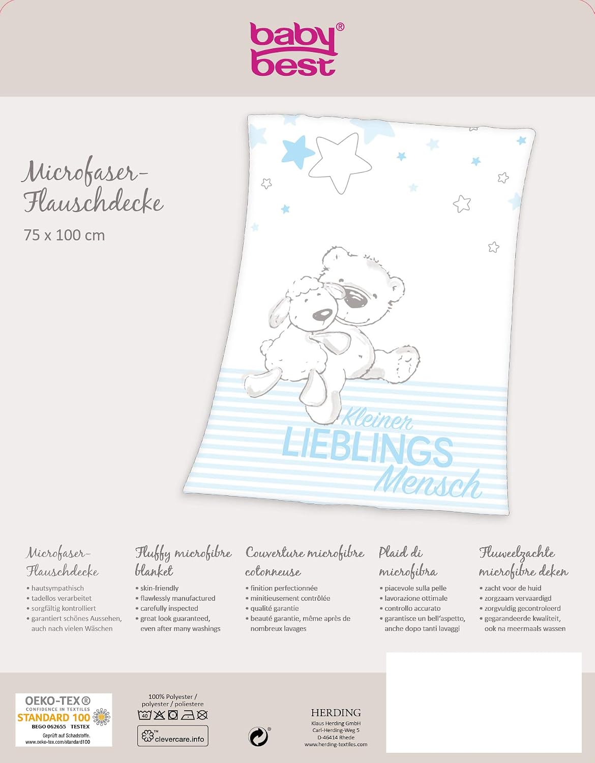 Detalle de Herding Baby Best Lieblingsmensch Microfaser-Flauschdecke (75 x 100 cm) – Blau