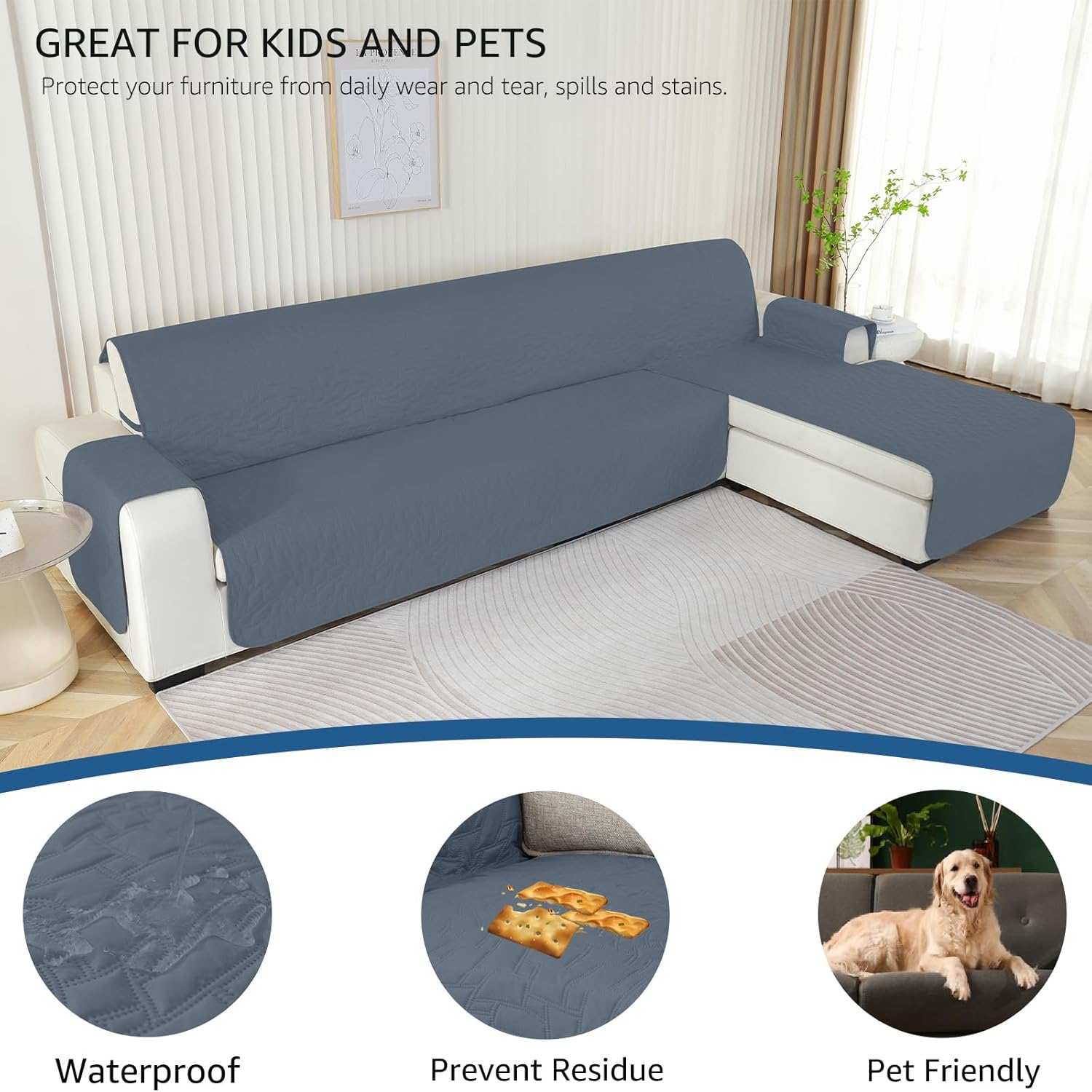 Thumbnail 4 de Housse de canapé d’angle 3 places Ystyle – protection imperméable, réversible et antidérapante (255 cm, bleu gris)