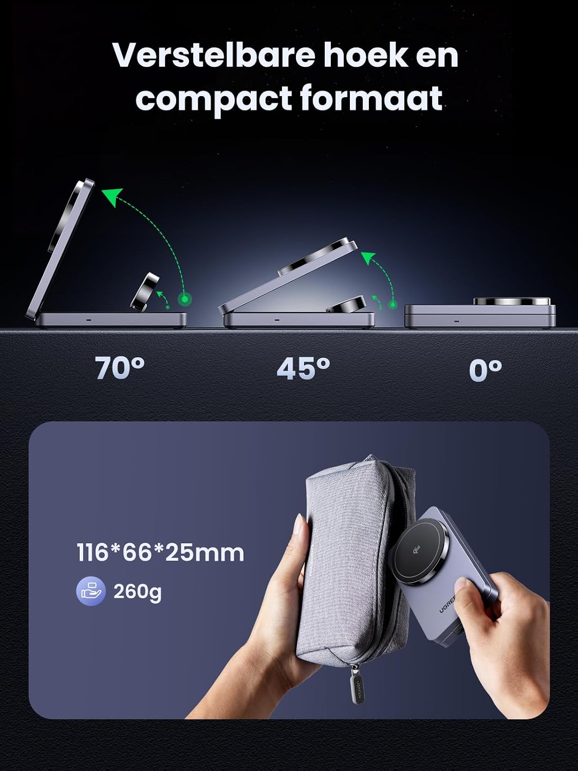 Detalle de UGREEN MagFlow Qi2 3-in-1 laadstation, 15 W, opvouwbaar en verstelbaar