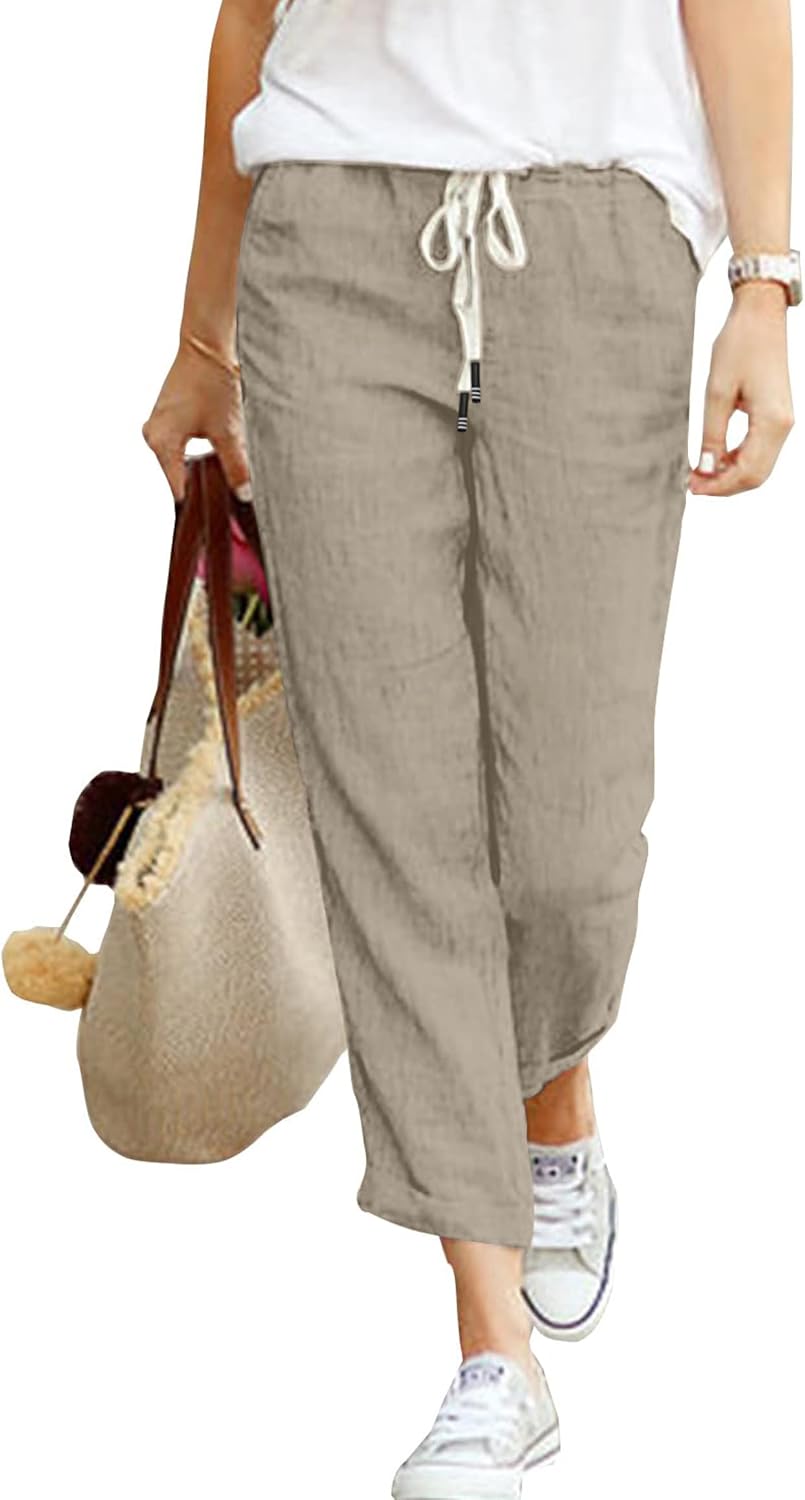 Detalle de Hormtaer Damen Leinen-Sommerhose 7/8 – leichte Baumwolle-Leinenhose mit Taschen