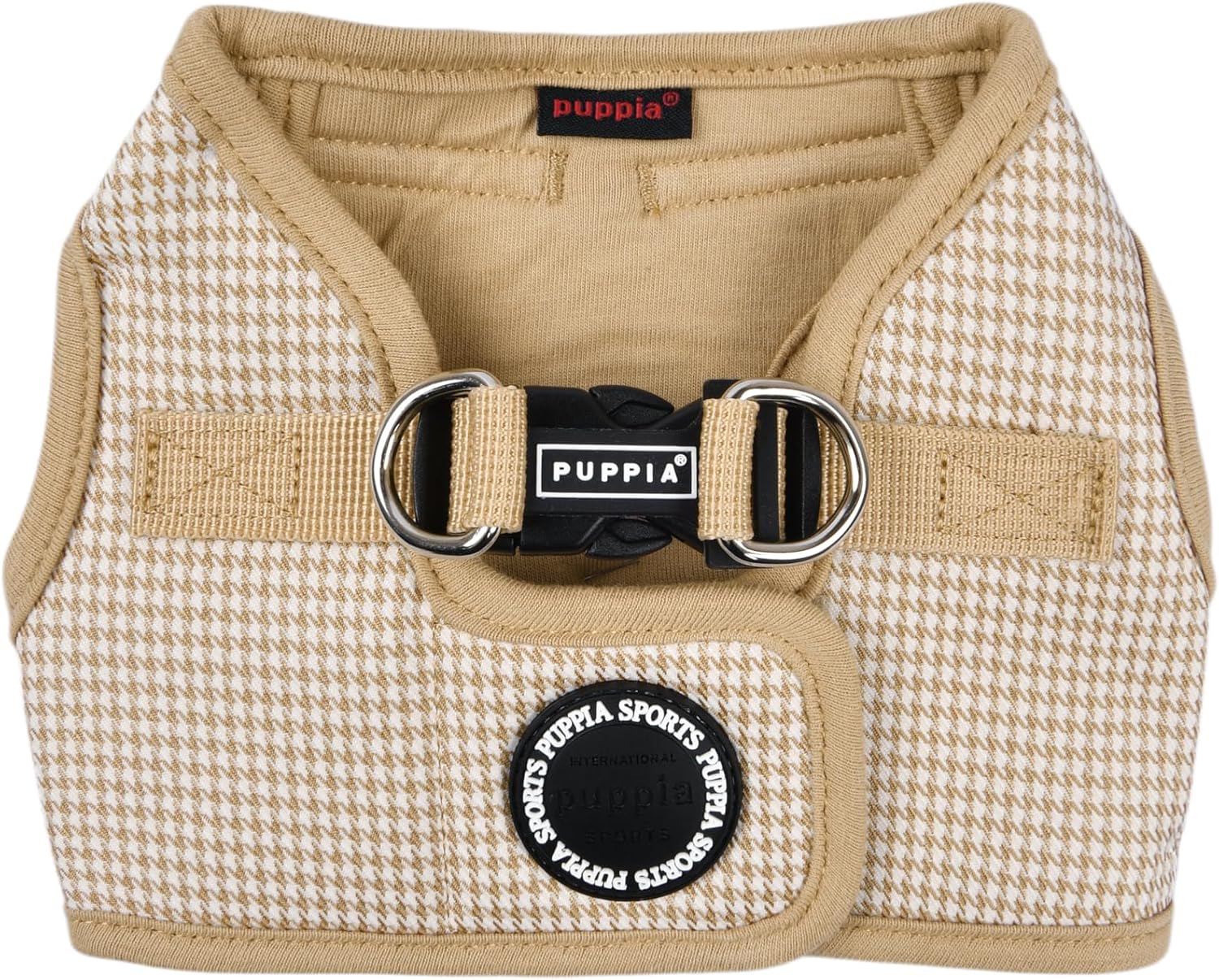 Detalle de Puppia Amatus kamizelka-szelki dla psa M, beżowa pepitka, zapięcie na rzep i klamrę