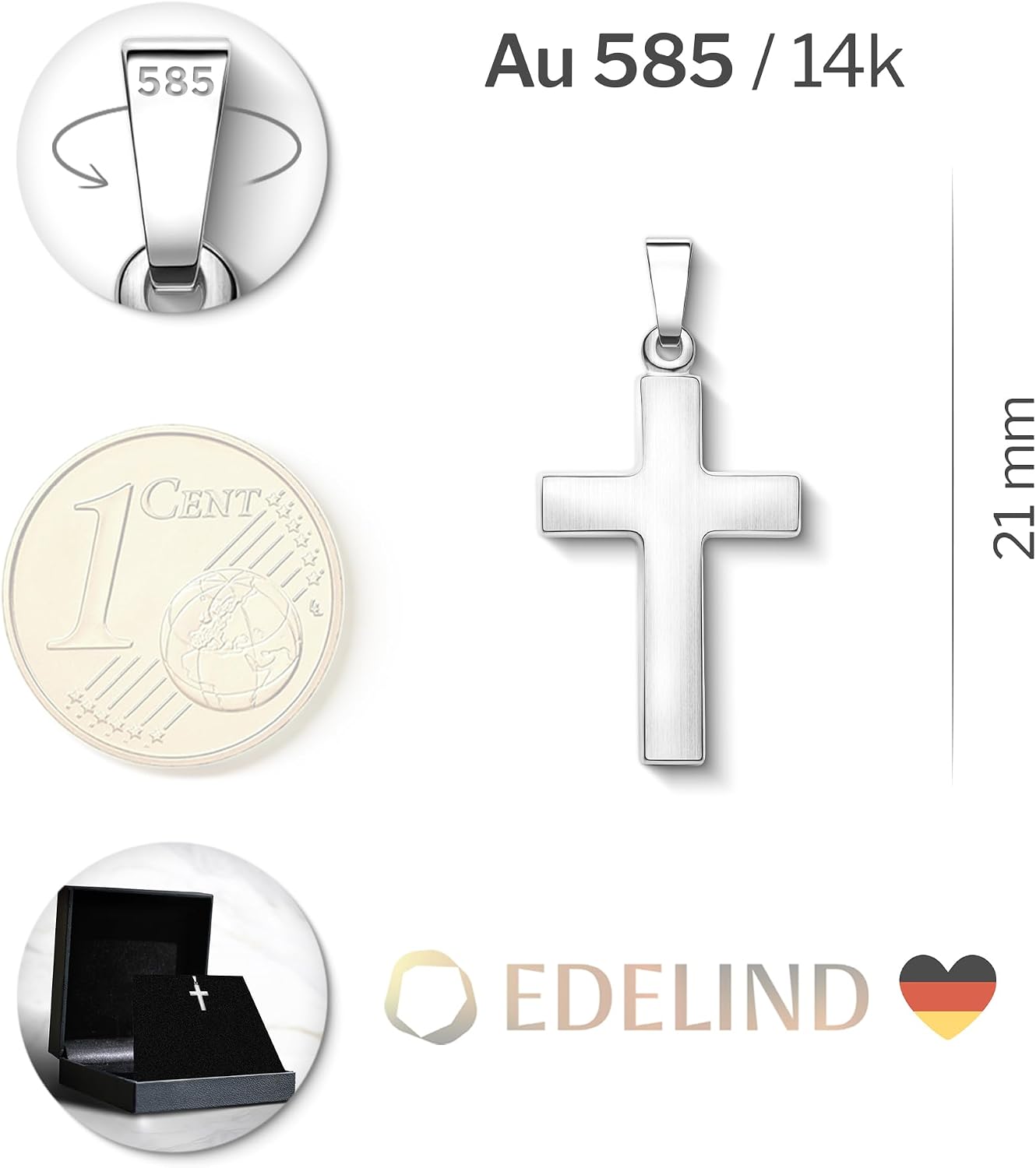 Detalle de Pendentif Croix en Or 585 Blanc – EDELIND, 14 carats, 0,92 g, hauteur 18 ou 21 mm, livré avec boîte cadeau