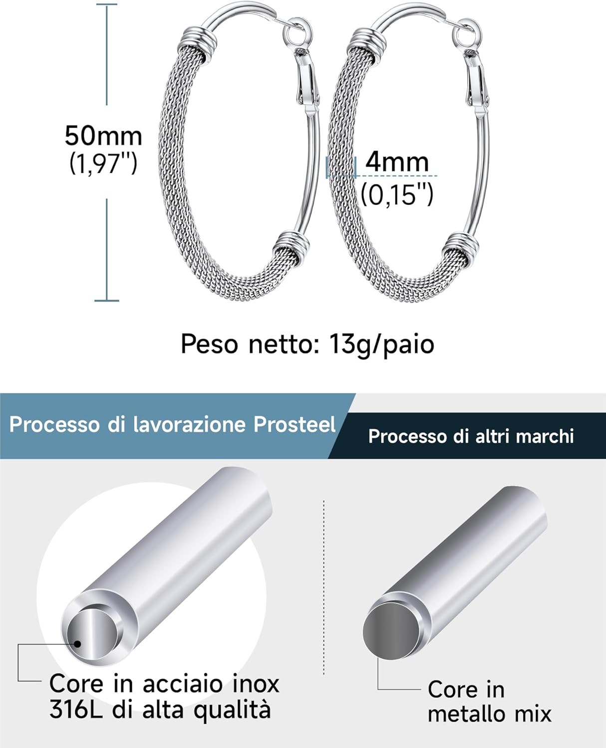 Thumbnail 3 de PROSTEEL Orecchini Cerchio a Maglia Metallica – Ø 20–80 mm, Acciaio Inossidabile ipoallergenico, Chiusa Minimalista, Argento/Nero/Oro