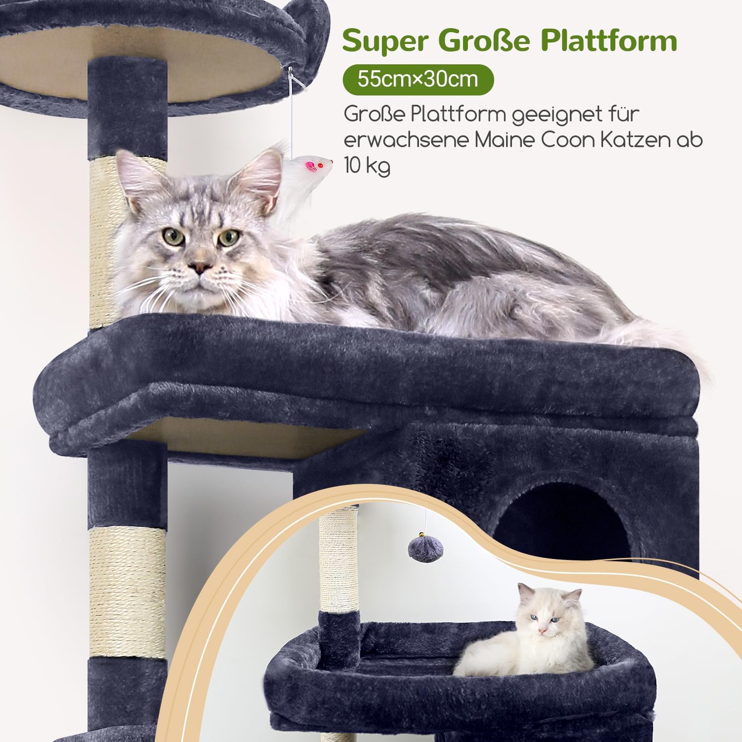 Detalle de Globlazer Kratzbaum für Maine Coon – 183 cm hoch mit Großem Katzenhaus, Plattformen & Kippschutz (Rauchgrau)