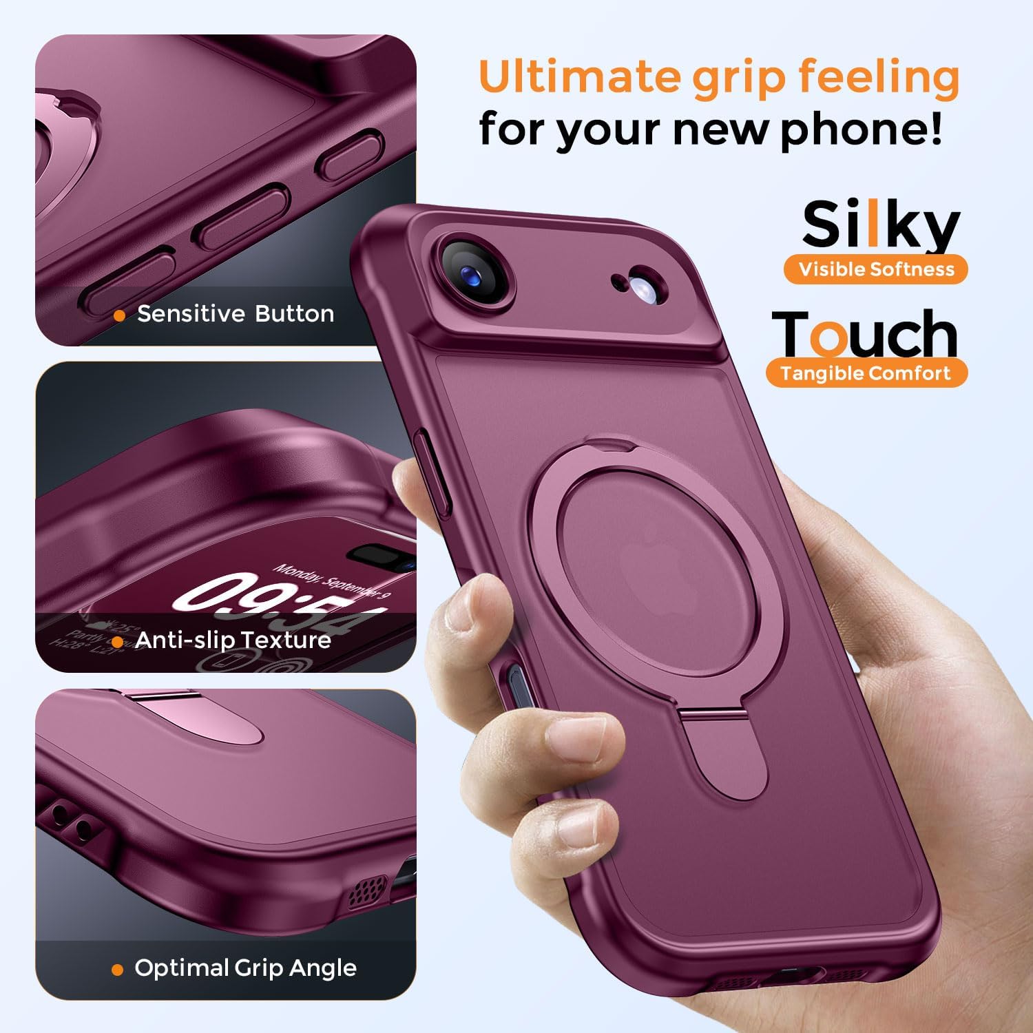 Detalle de MOCCA iPhone 17 Pro Case with MagSafe Invisible Ring Stand & Full Camera Guard (Wine Red)