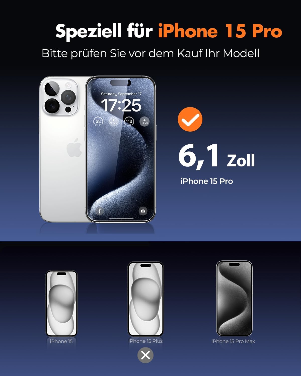 Detalle 2 de UNBREAKcable Panzerglas Schutzfolie iPhone 15 Pro 3er Set