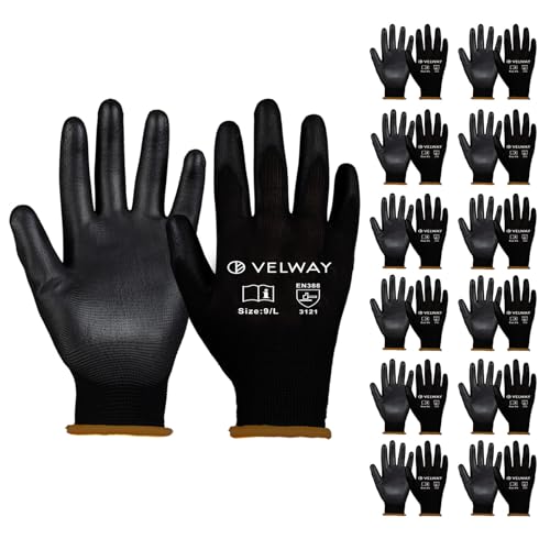 Detalle de Velway Gants de Travail Enduits PU 12 Paires Noir – Taille L ( 25 cm )