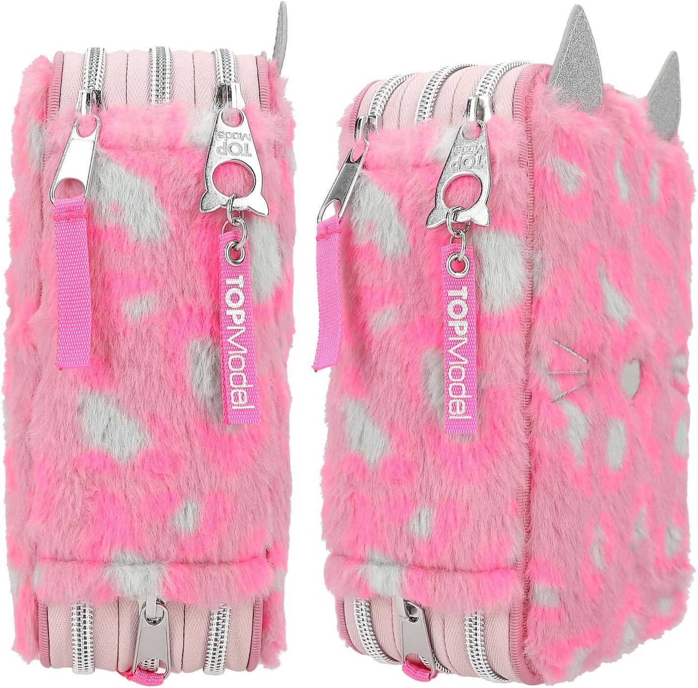 Detalle 2 de Depesche TOPModel 12787 Trousse à 3 Compartiments – Rose, motif tacheté, avec nez en cœur et oreilles de chat