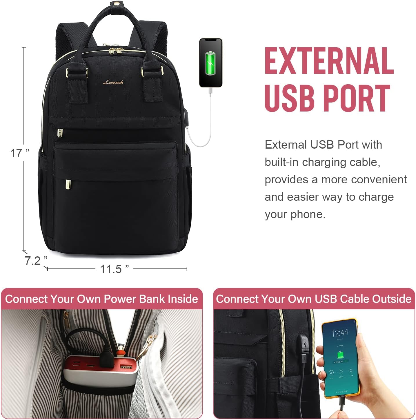 Detalle de LOVEVOOK women’s laptop backpack for 15.6-inch laptops with USB port, waterproof travel rucksack (Black)