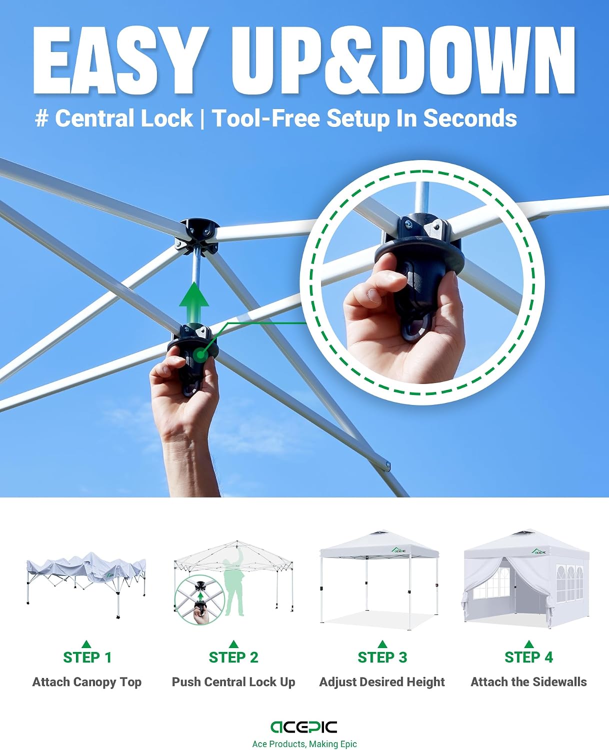 Detalle 2 de Acepic 10x10 Pop-Up Canopy with 4 Removable Sidewalls, UPF 50+