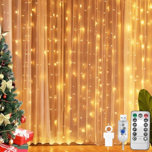 Detalle de CNMTCCO cortina de luces LED de 300 luces, 3 x 3 m, USB y 8 modos
