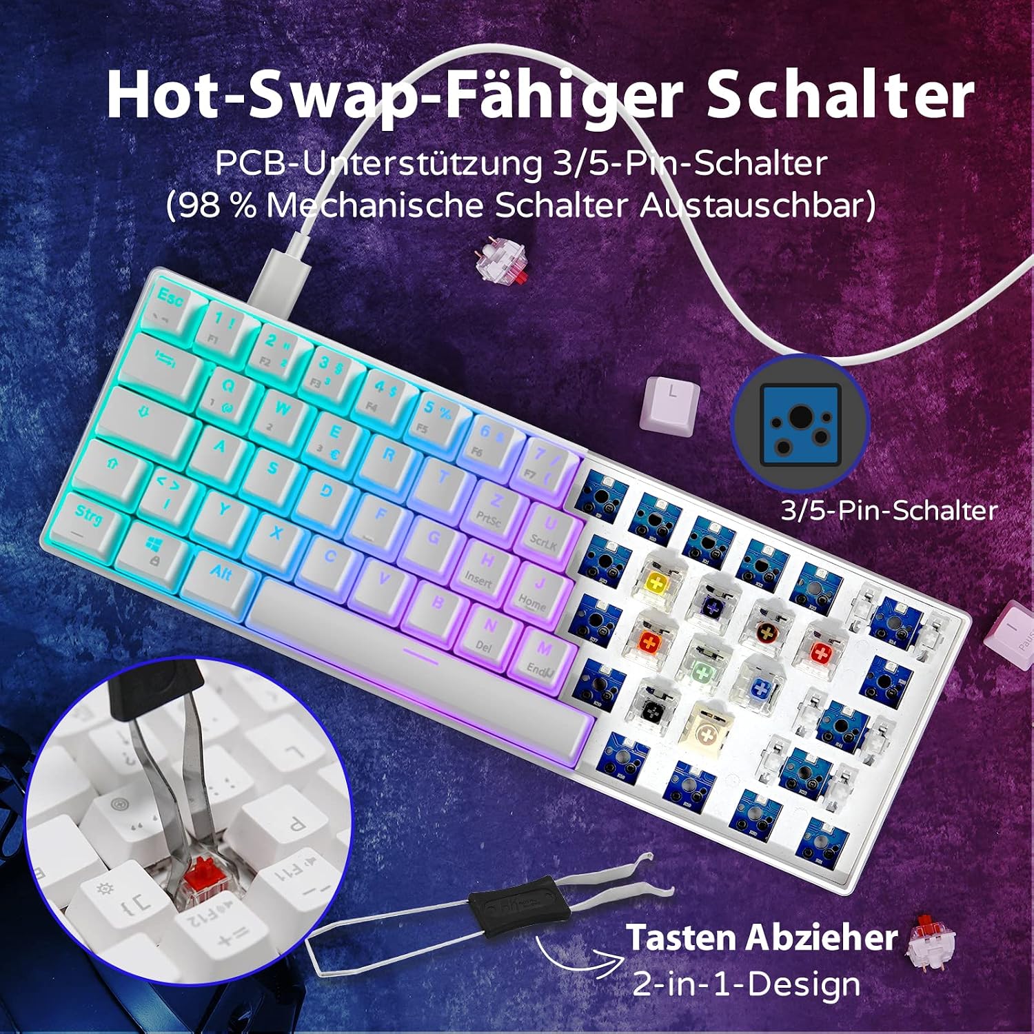 Detalle de RK61 Mechanische 60% Gaming-Tastatur, Hot-Swap