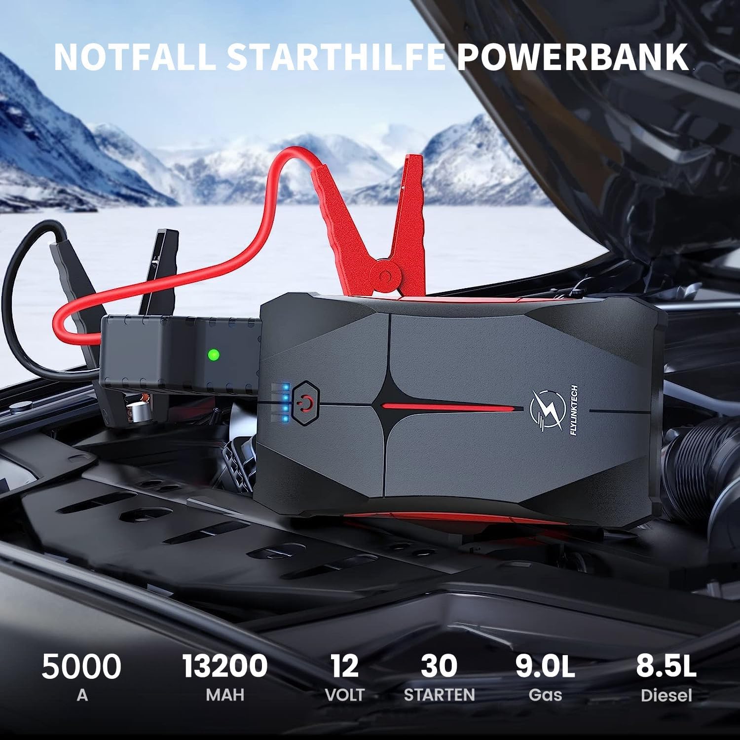 Detalle 2 de FLYLINKTECH Starthilfe Powerbank für Pkw 4000A, 12V Tragbare Auto Starthilfe(Bis zu 9L Benzin/8.5L Diesel, IP67 Wasserdicht Starter Powerbank mit Starthilfekabel, LED, USB-Ausgang und USB-C-Eingang
FLYLINKTECH Starthilfe Powerbank für Pkw 4000…