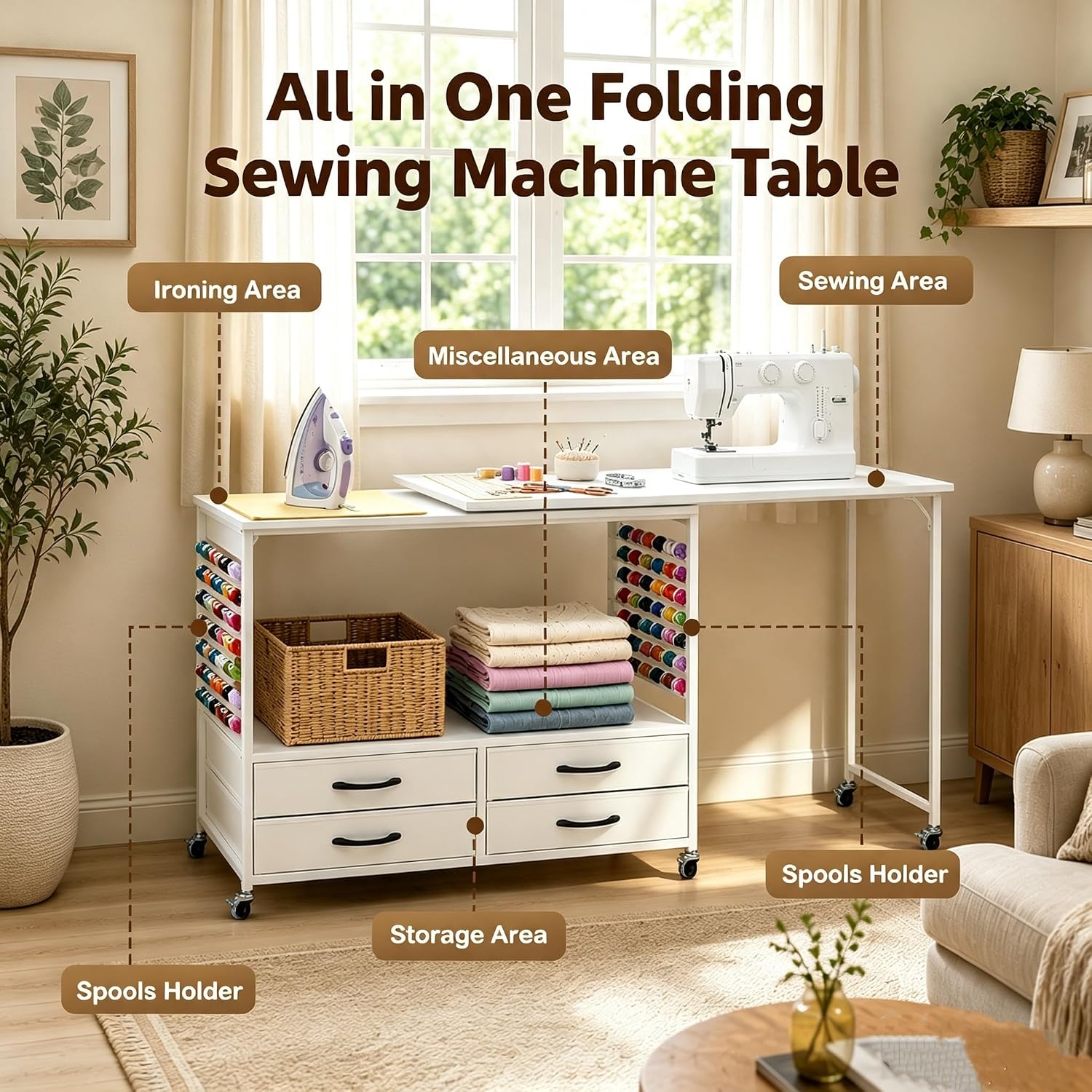 Detalle de Lanlelin Standard Folding Sewing Table with Storage, 70 Pegs and 4 Drawers