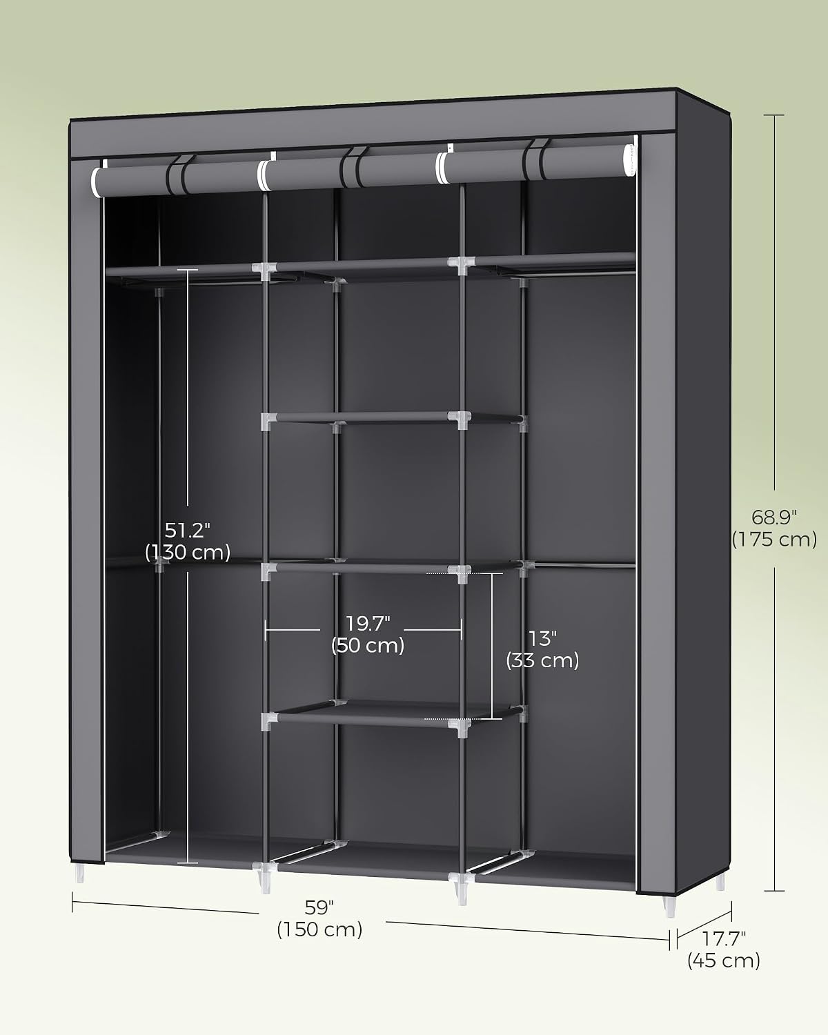 Detalle 2 de SONGMICS RYG12G fabric wardrobe cupboard with hanging rails and shelves, 175 x 150 x 45 cm (grey)