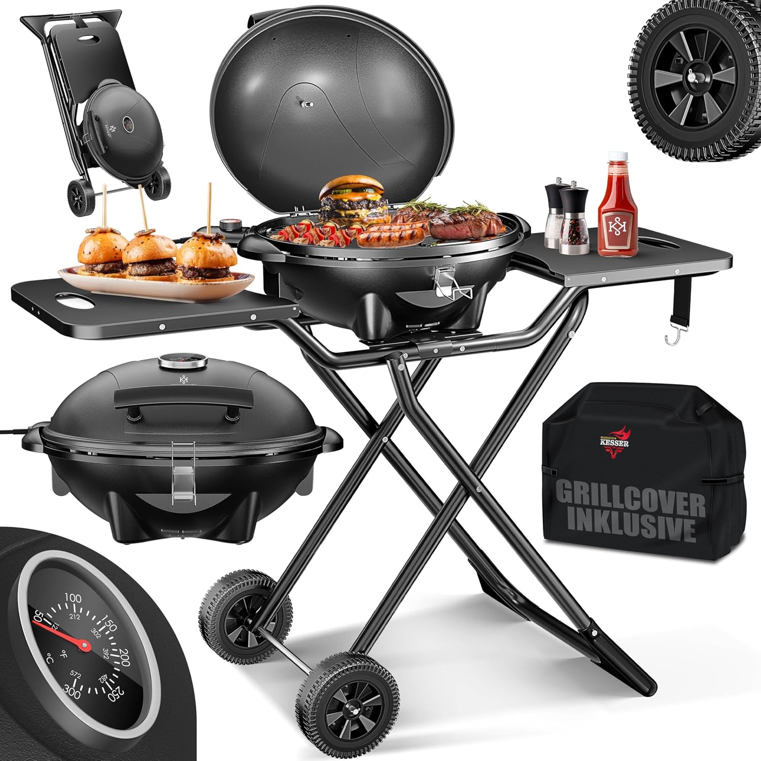 Detalle de KESSER® 2in1 Elektrogrill Tischgrill & Standgrill mit Deckel, Thermostat, Antihaftbeschichtung (2400 Watt)