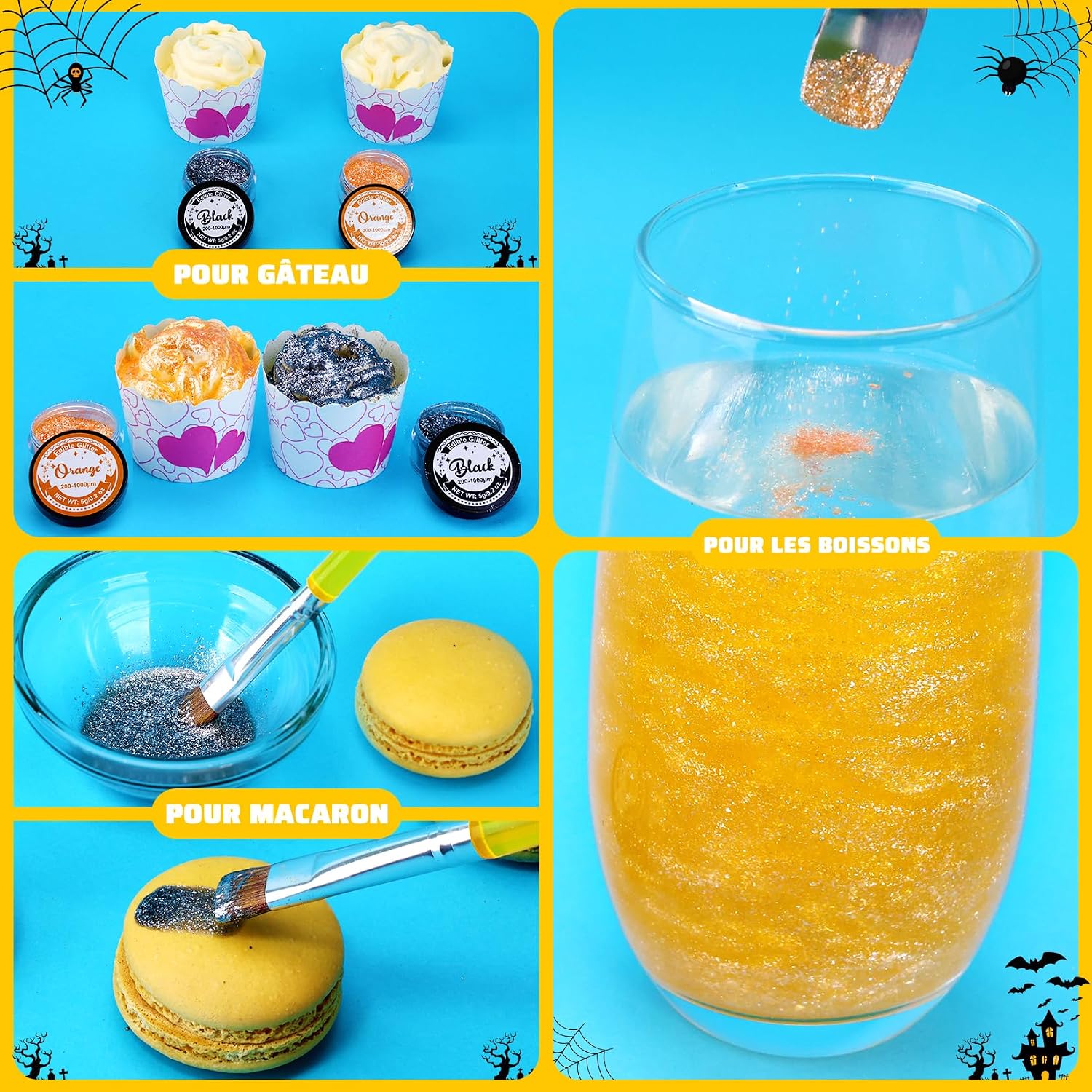 Detalle 2 de Paillettes comestibles Luster Dust Orange & Noir (5 g) – colorant alimentaire en poudre pour gâteaux, macarons et cocktails (Halloween)