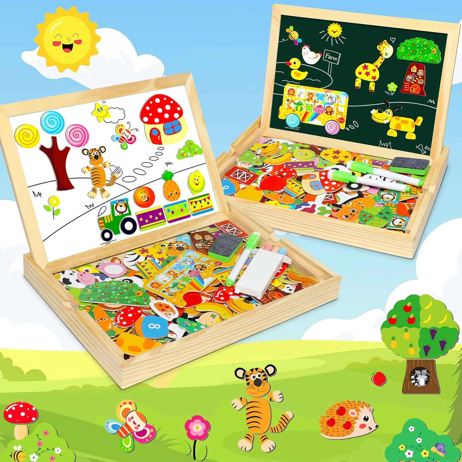 Thumbnail 1 de Jojoin 130 PCS Wooden Magnetic Puzzle Double-Sided Magnetic Drawing Board (Cute Animal, Fruit & Bus Design)