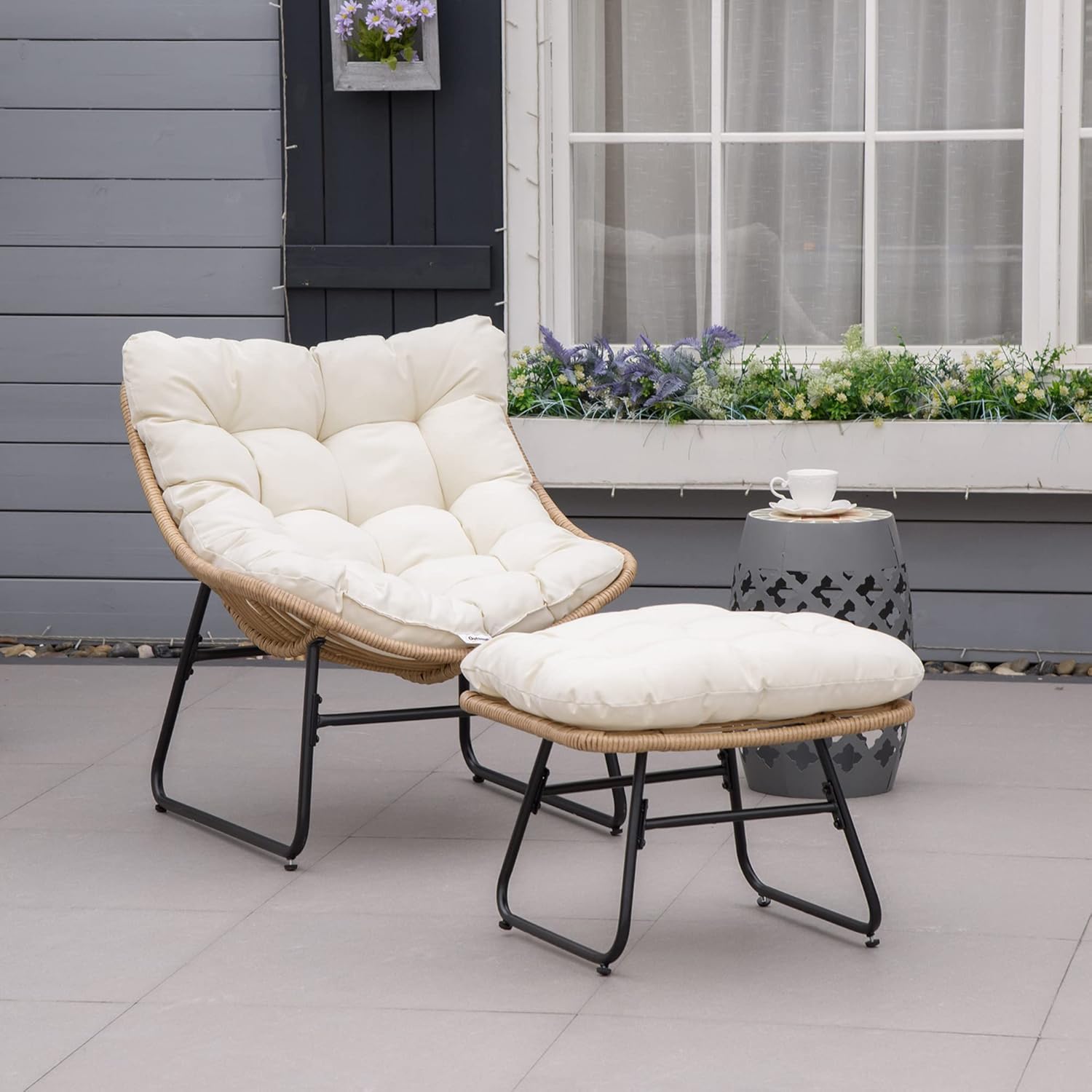 Thumbnail 1 de Outsunny Fauteuil Chaise de Jardin avec Repose-Pieds en métal époxy et résine tressée – Naturel