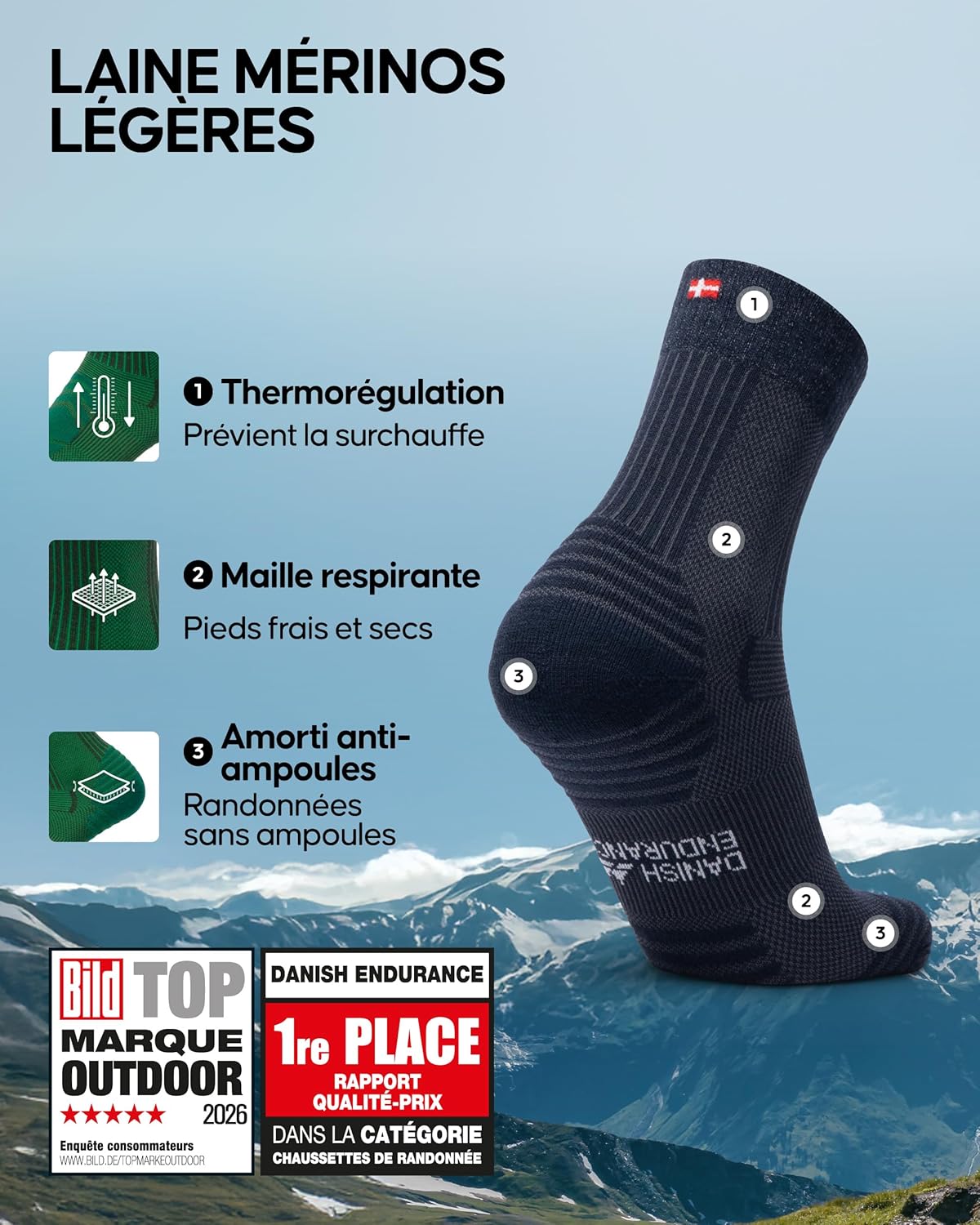 Detalle 2 de DANISH ENDURANCE Chaussettes mérinos randonnées chaudes
