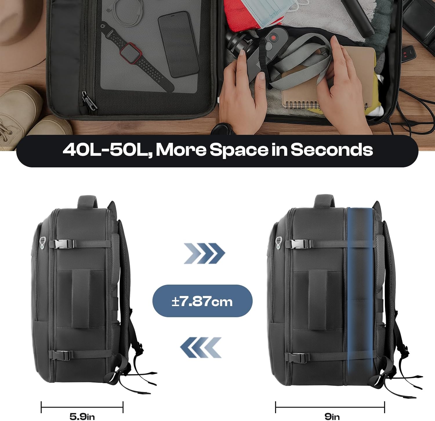 Thumbnail 2 de Sirmaeed Carry-On Backpack 40L–50L (Expandable) TSA-Approved for 17.3” Laptops, Black