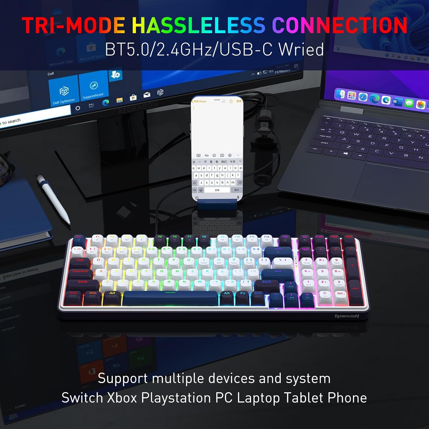 Detalle de Redragon K744 Pro clavier de jeu sans fil RVB 99 touches mécanique (3 modes) à prises remplaçables à chaud