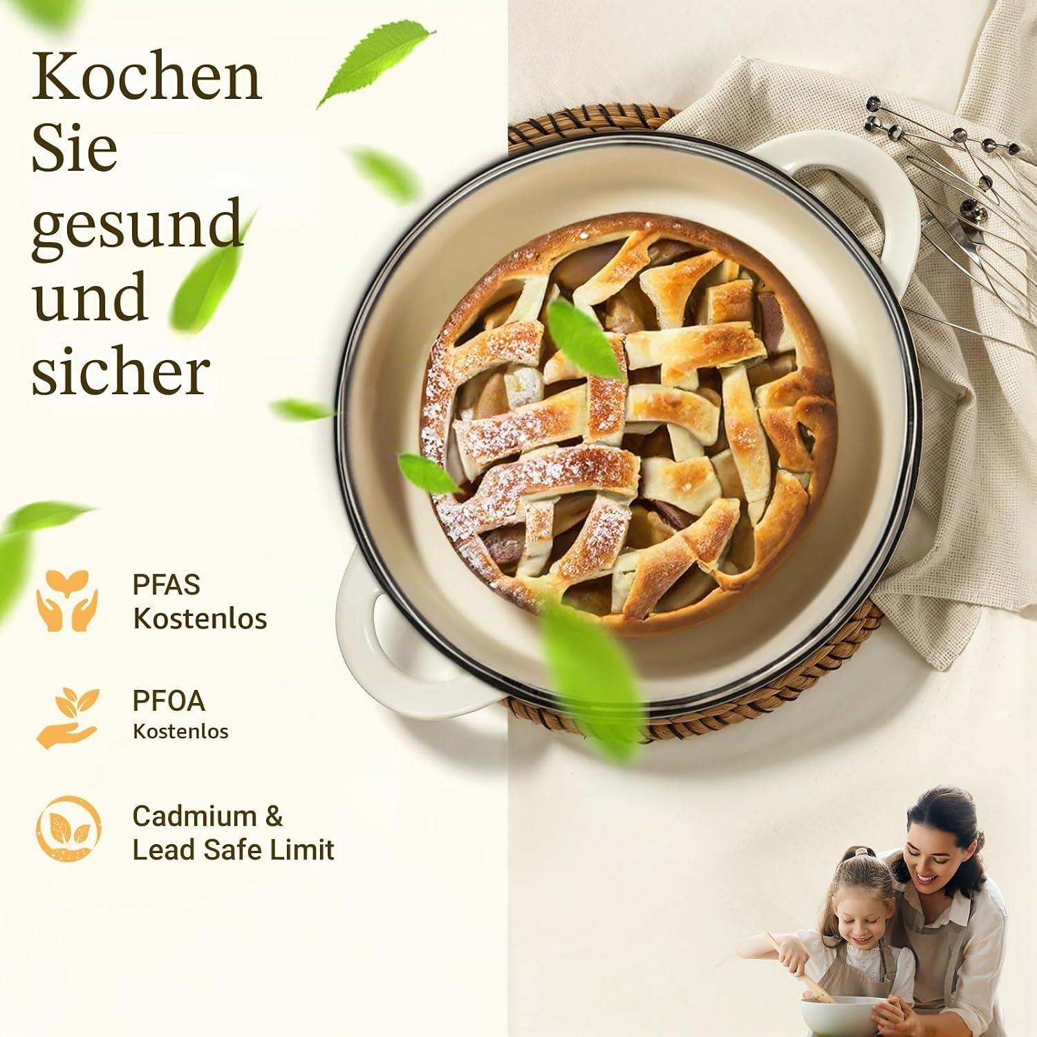 Thumbnail 2 de Overmont Bräter emaille Gusseisen Topf Ø28 cm mit Deckel – backofengeeignet, inklusive Kochbuch