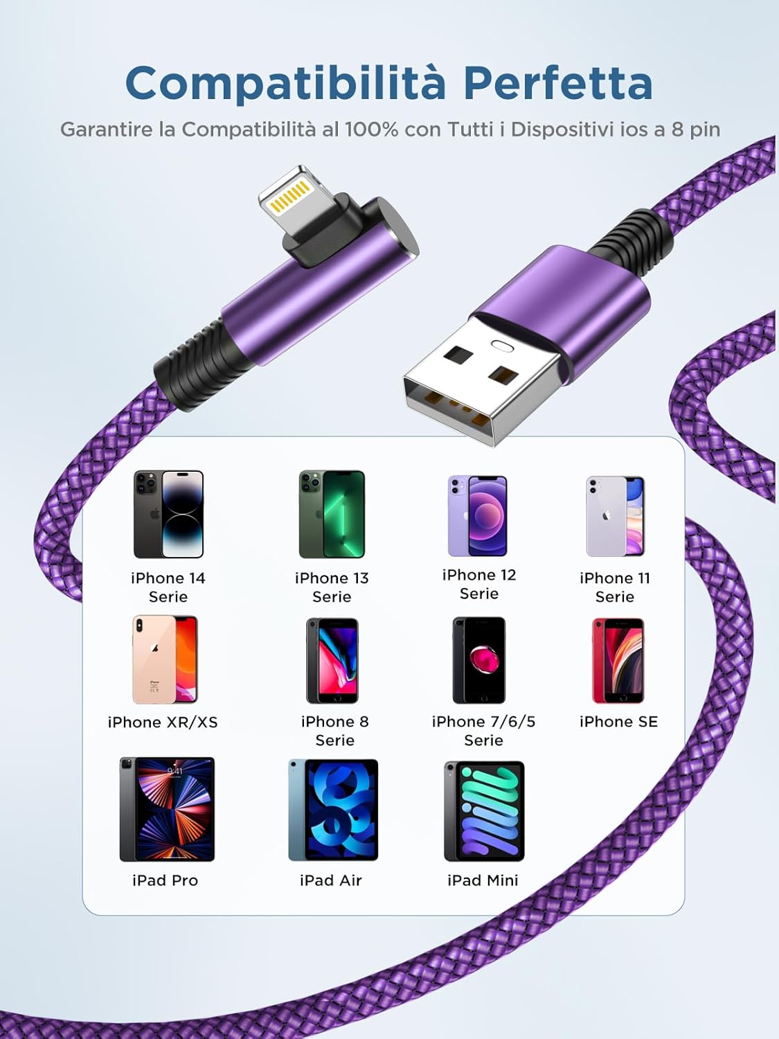 Thumbnail 5 de Cavo iPhone con Angolo Retto 90° da 2 m - Cavo Lightning MFi, Nylon, 2 pezzi