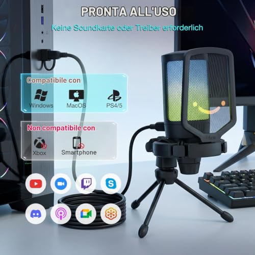 Detalle de FIFINE PC Microfono Gaming USB: streaming su PS4/PS5 e PC con mute rapido e RGB dinamico