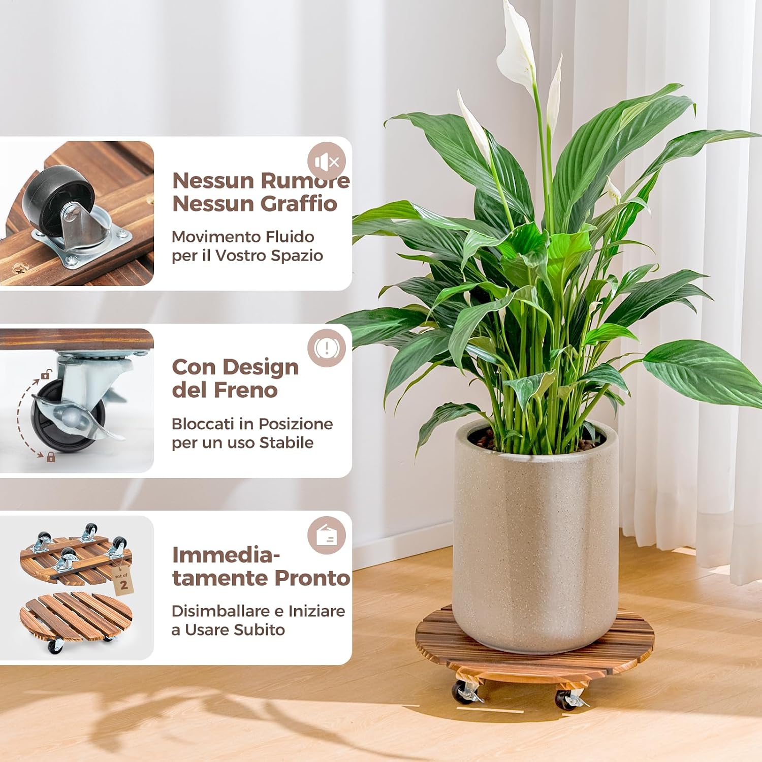 Detalle de Bamworld Porta Piante da Interno con Ruote – Set di 2 Basi Rotonde in Legno per Vasi Grandi