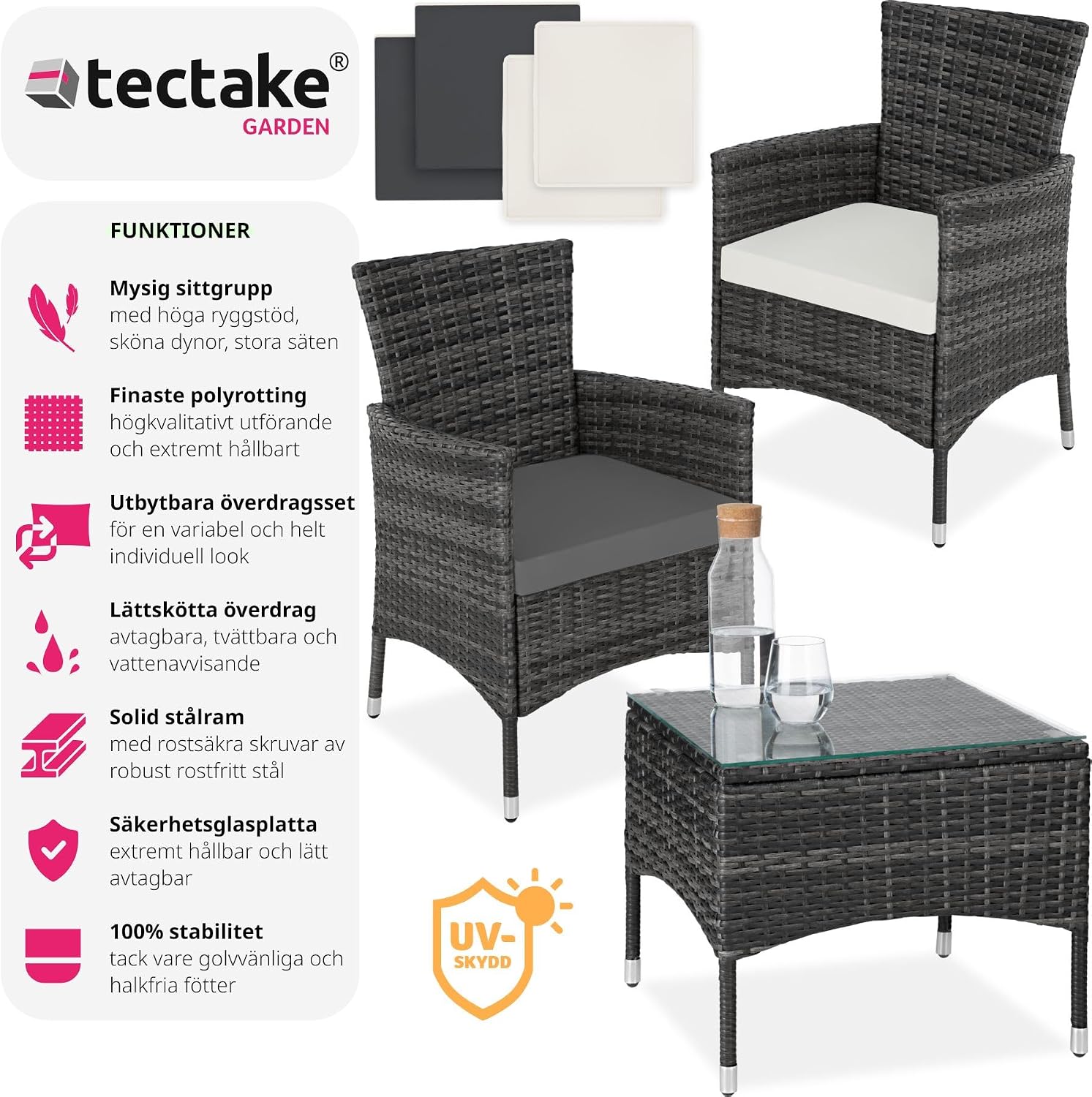 Thumbnail 1 de tectake 402864-SE Luzern caféset i grå konstrotting med avtagbar glasskiva