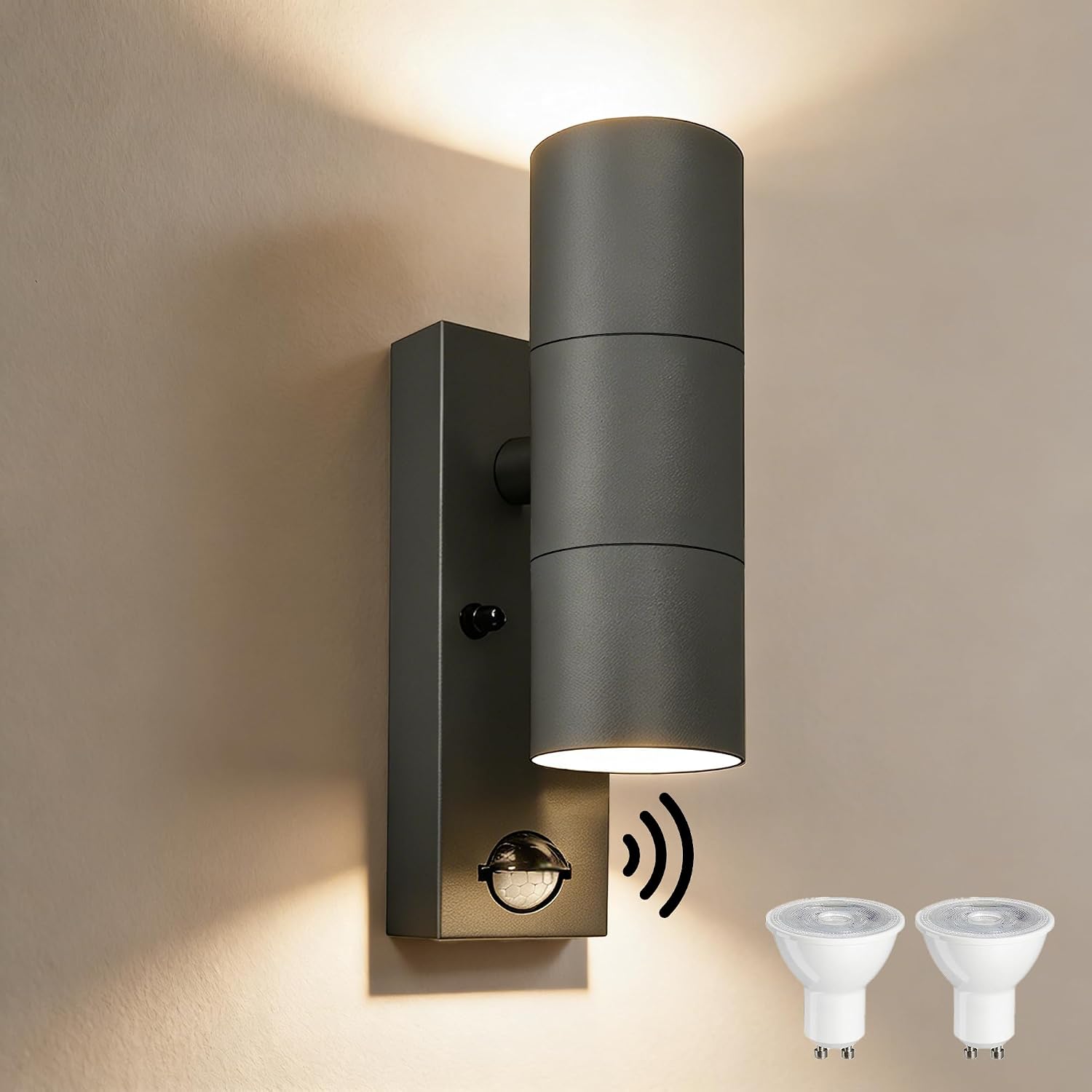 Detalle de YOVGQOLV Motion Sensor Outdoor Wall Lights: Up & Down, 2x5W GU10, Stainless Steel, IP54, Anthracite