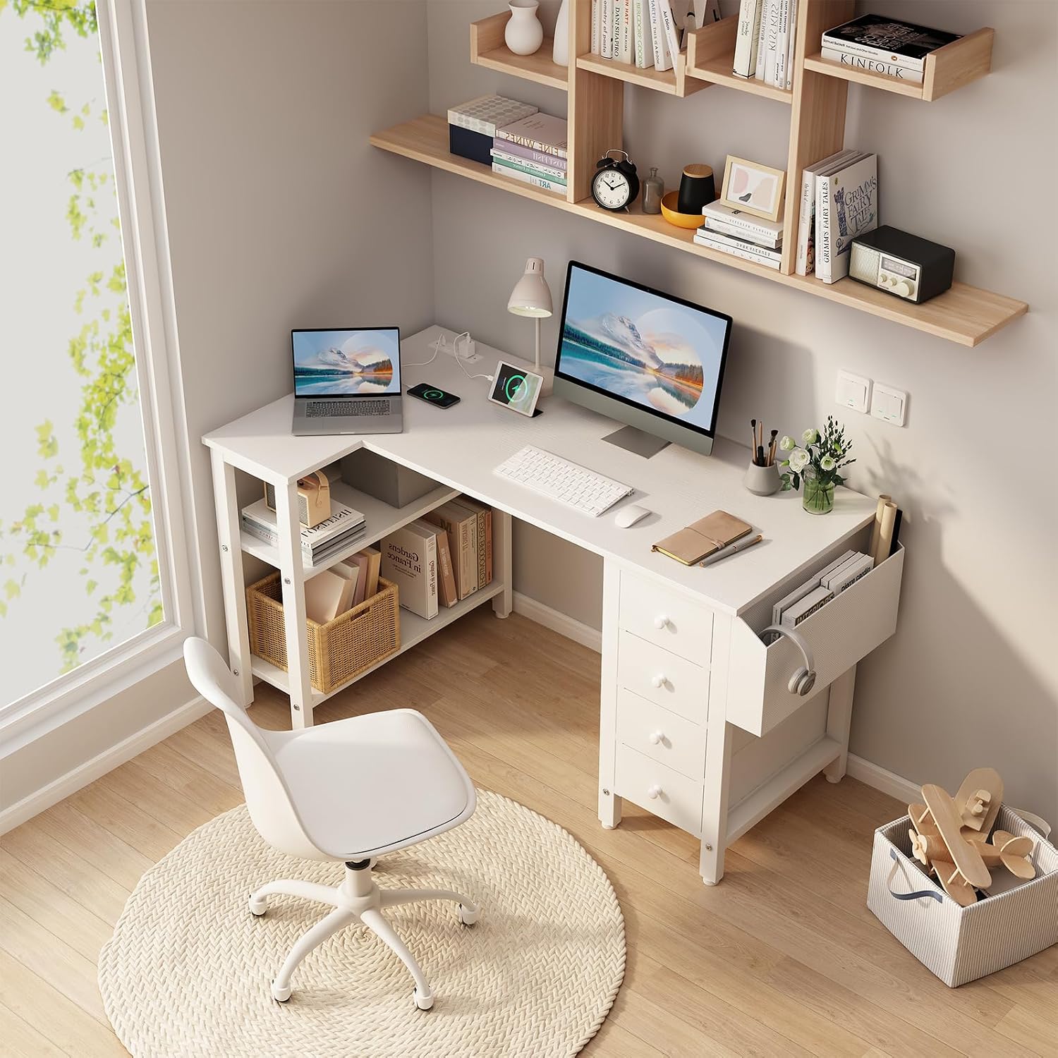 Thumbnail 1 de Lufeiya LFY-L4D47-White L-Shaped Desk with 4 Drawers and Power Strip