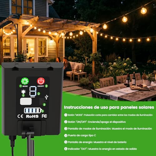 Thumbnail 6 de FGRYB Solares Guirnalda Luces Exterior Jardin 15M con Control Remoto, 20 Bombillas G40 IP65