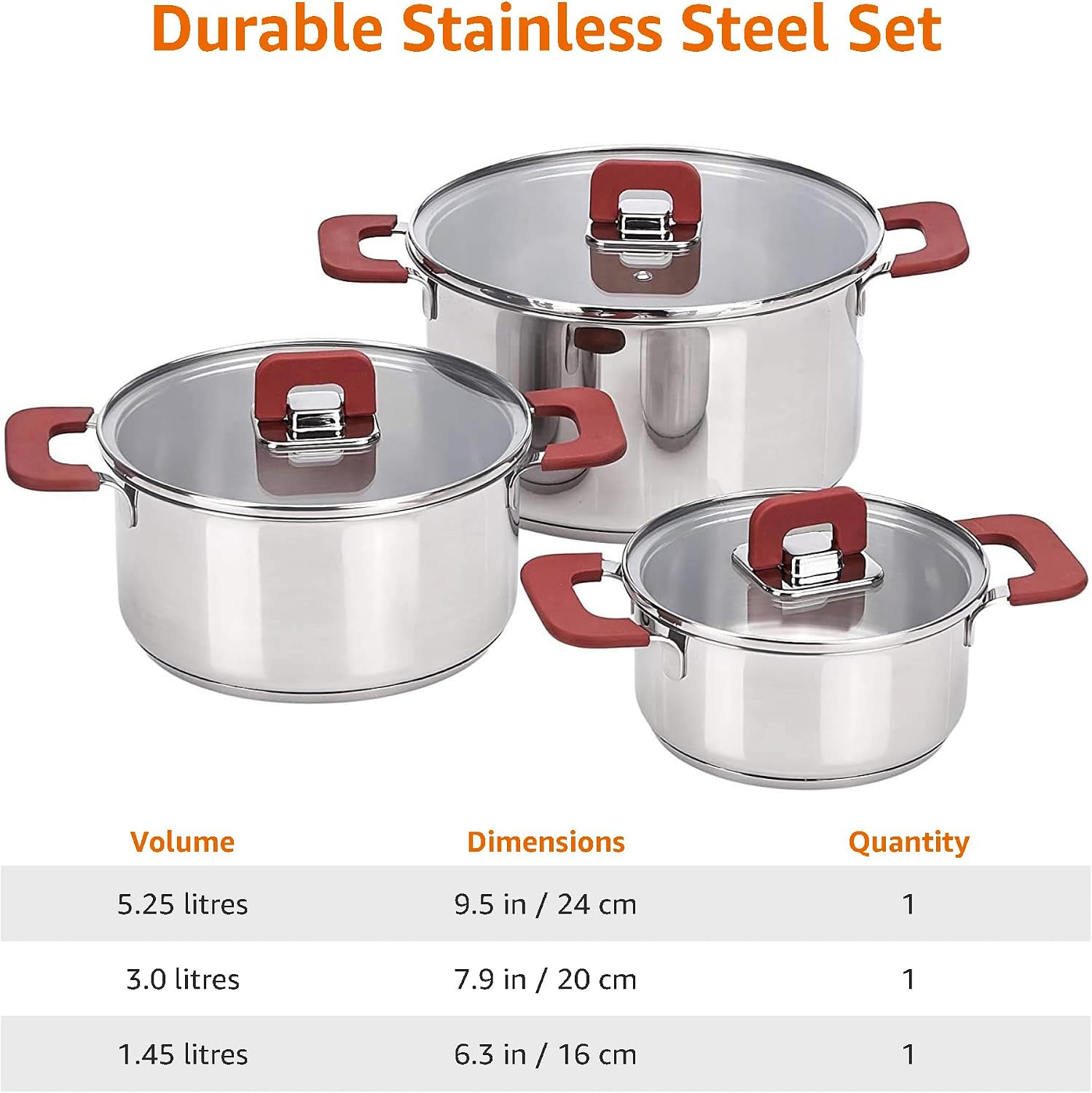Detalle de Amazon Basics 3-Piece Stainless Steel Space Saving Induction Cookware Set (16/20/24 cm)