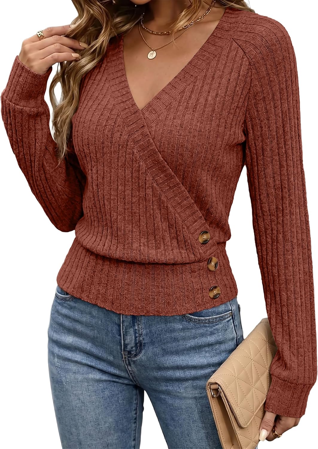 Detalle de OFEEFAN Women's Long-Sleeve Wrap Top, Ribbed Knit