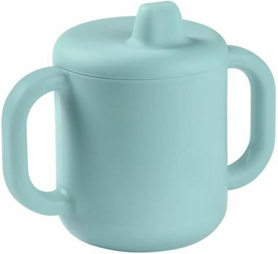 Detalle de BÉABA 2 in 1 Tazza/Biberon da Allenamento in vetro con maniglie rimovibili – 210 ml, Blu Vento