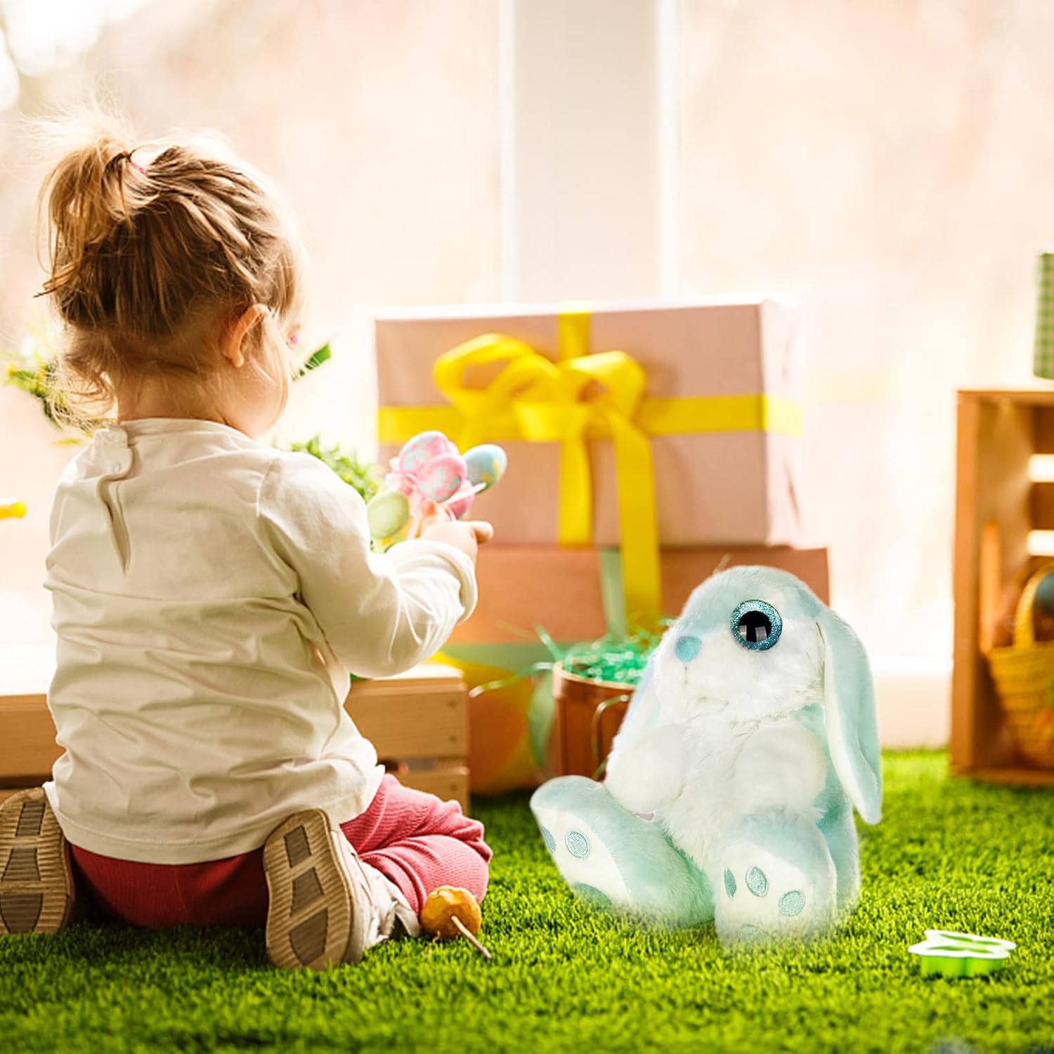 Thumbnail 1 de My OLi Easter Bunny Teddy soft toy (22cm/8.5") plush rabbit with floppy ears in blue