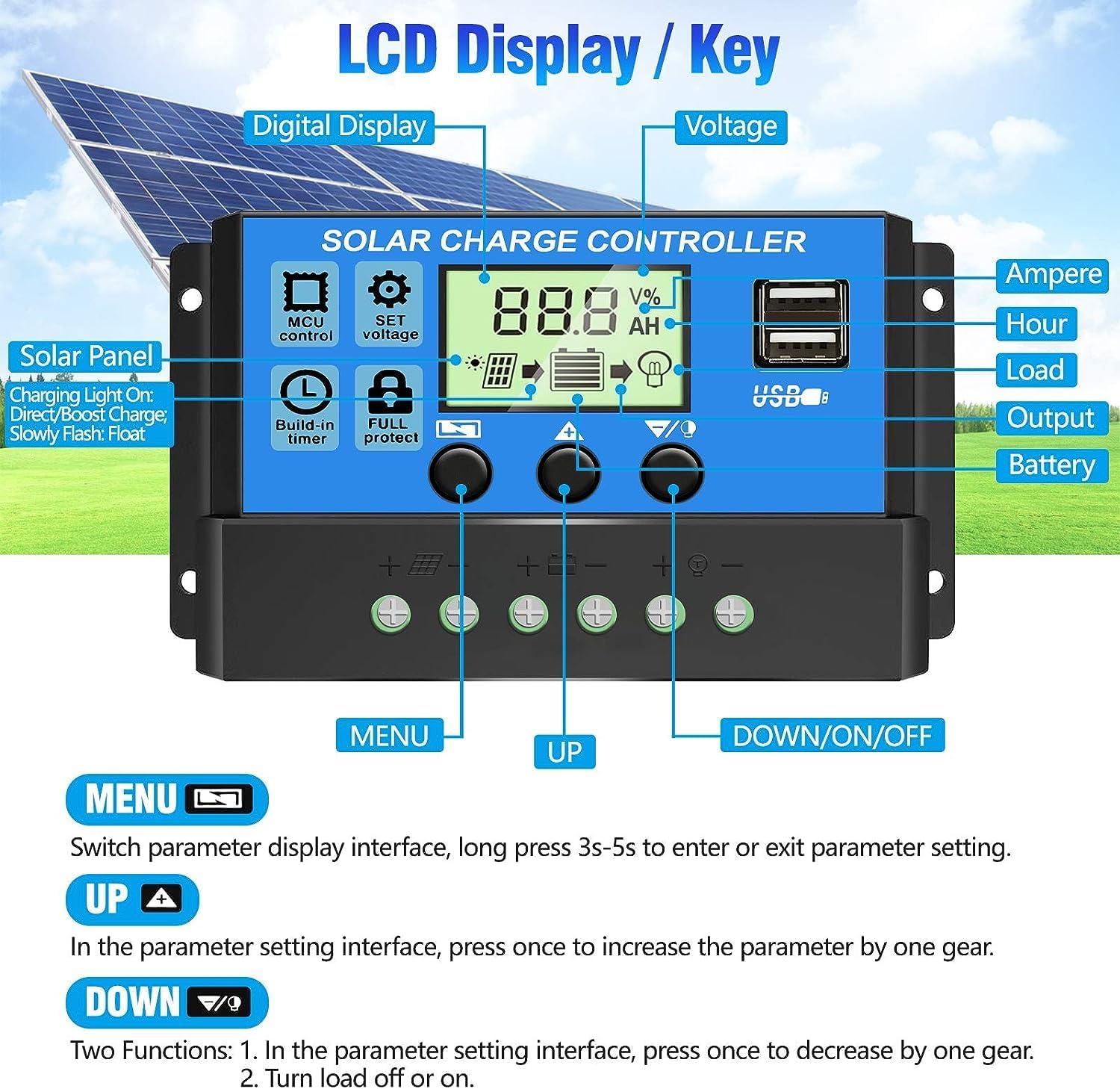 Thumbnail 3 de [Upgraded] 30A Solar Charge Controller for 12V/24V Systems with Adjustable LCD and Dual USB (PWM)