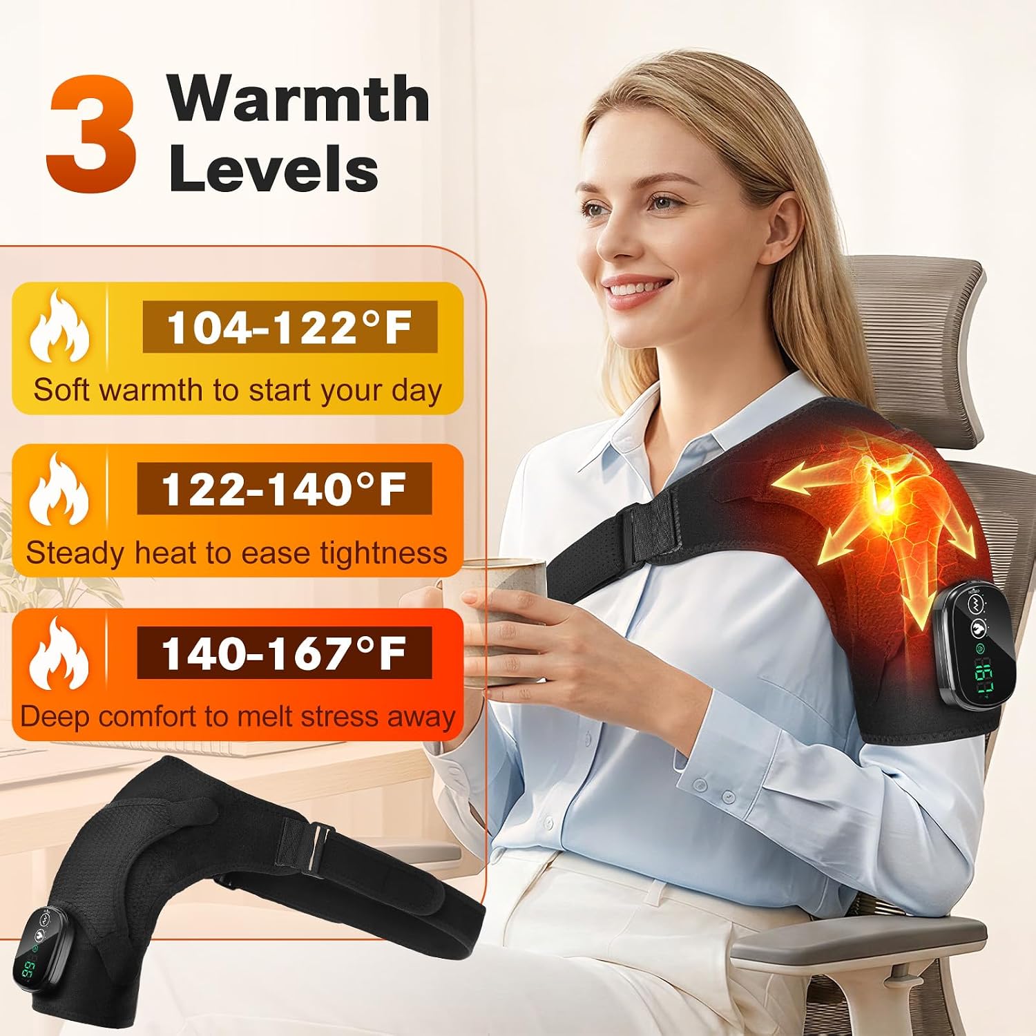 Detalle de Cordless Shoulder Heating Pad with Massage, 5000mAh, 3 Heat and Vibration Modes