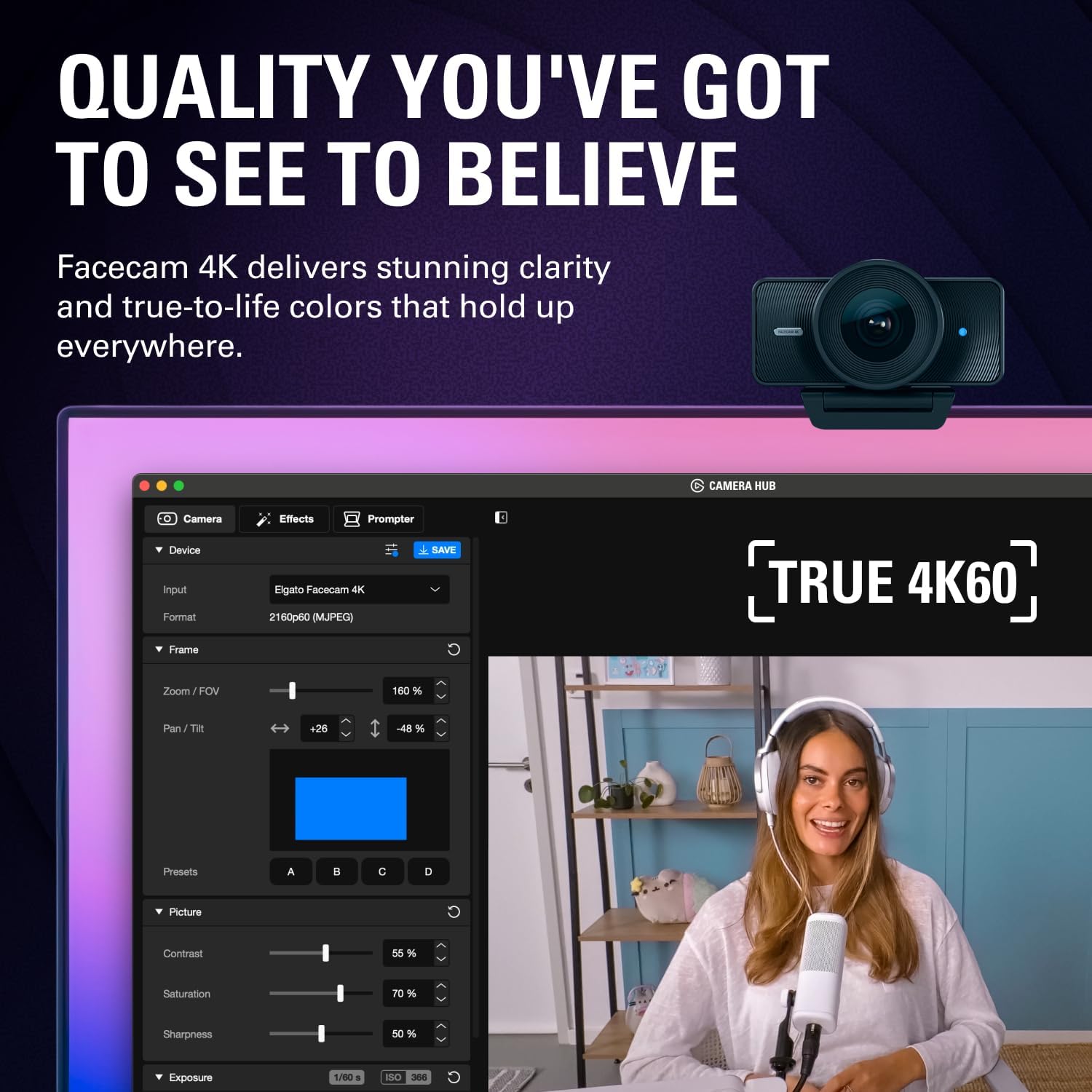 Thumbnail 1 de Elgato Facecam 4K (4K60) Studio Webcam with DSLR-Like Control & USB‑C for PC and Mac