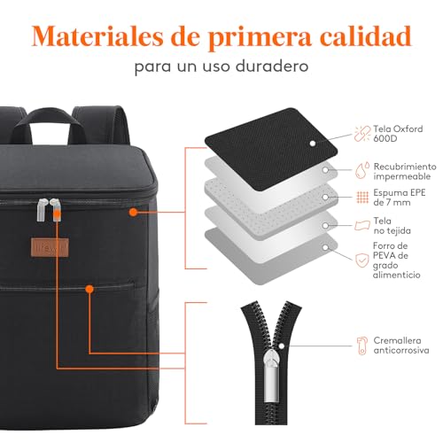 Detalle de Lifewit Mochila Nevera 24L (30 latas): térmica portátil impermeable para playa, picnic y trabajo