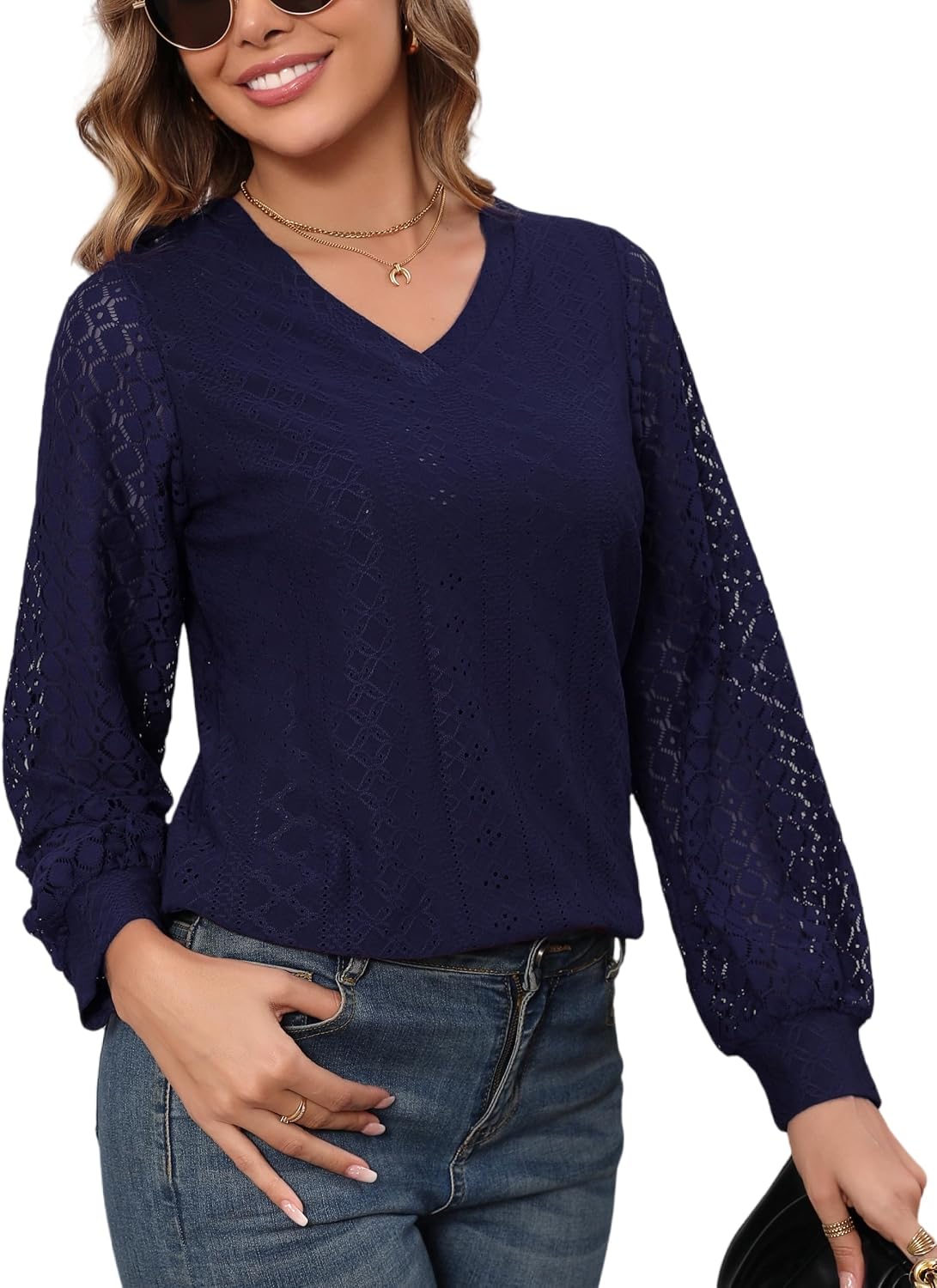 Detalle 2 de Women Crochet Long Sleeve V Neck Lace Blouse – Soft, Lightweight Spring/Summer Autu mn Top
