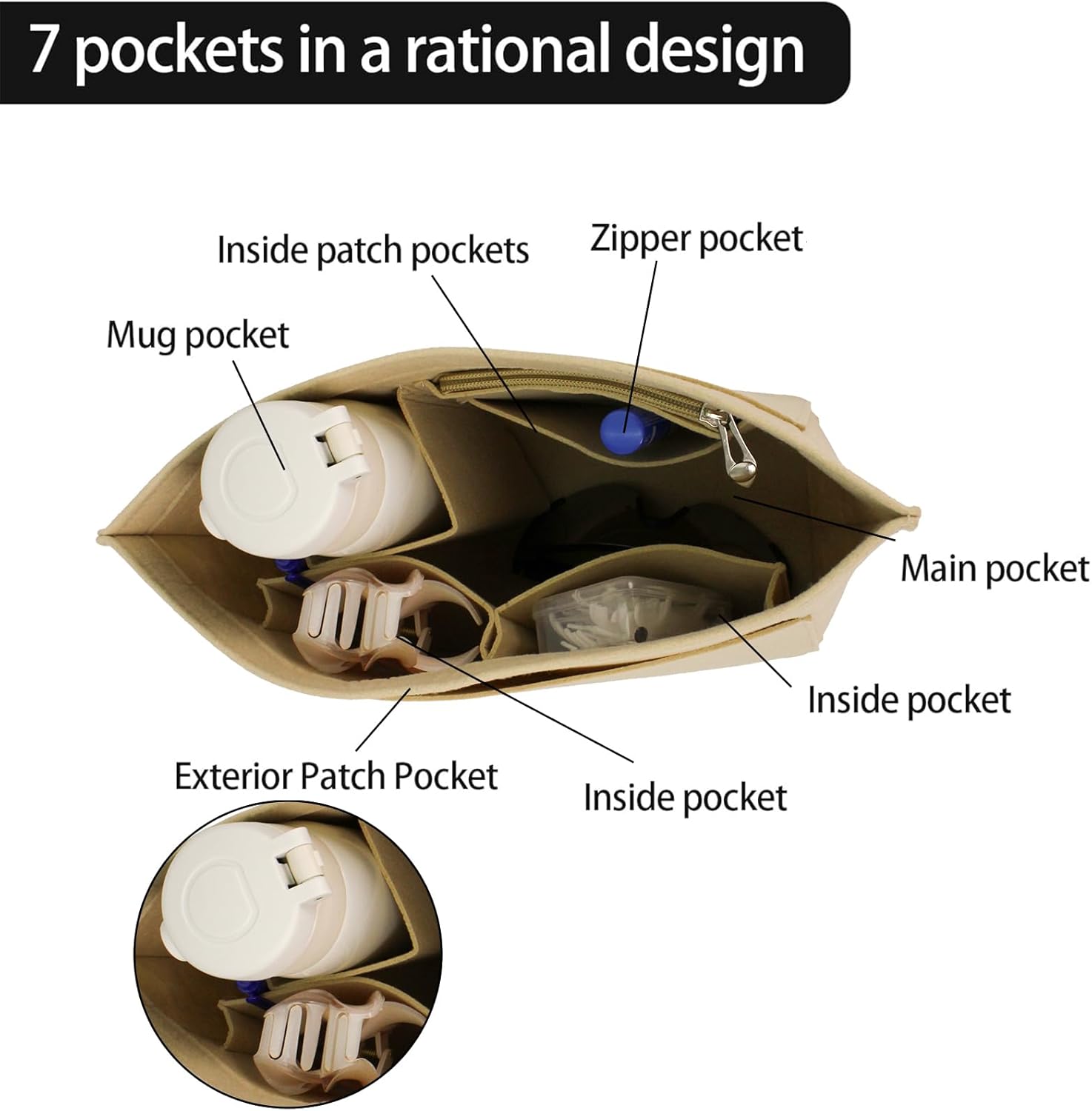 Detalle de HYEPNED Bag Insert Organizer for Longchamp Tote (Khaki, M) – Multi-Pocket Felt Wallet Insert
