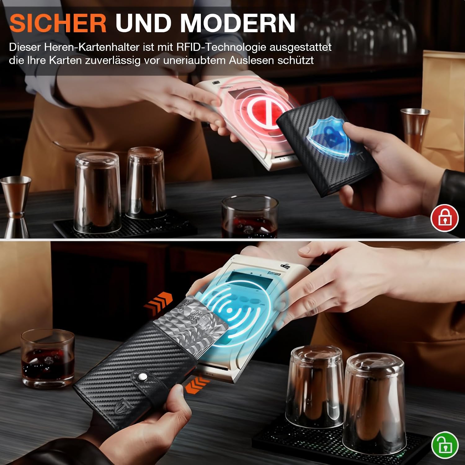 Detalle 2 de TENBST Geldbörse Herren Slim Wallet mit RFID-Schutz – Schwarz/Orange, Kartenetui bis 10 Karten, Münzfach, Geschenkverpackung