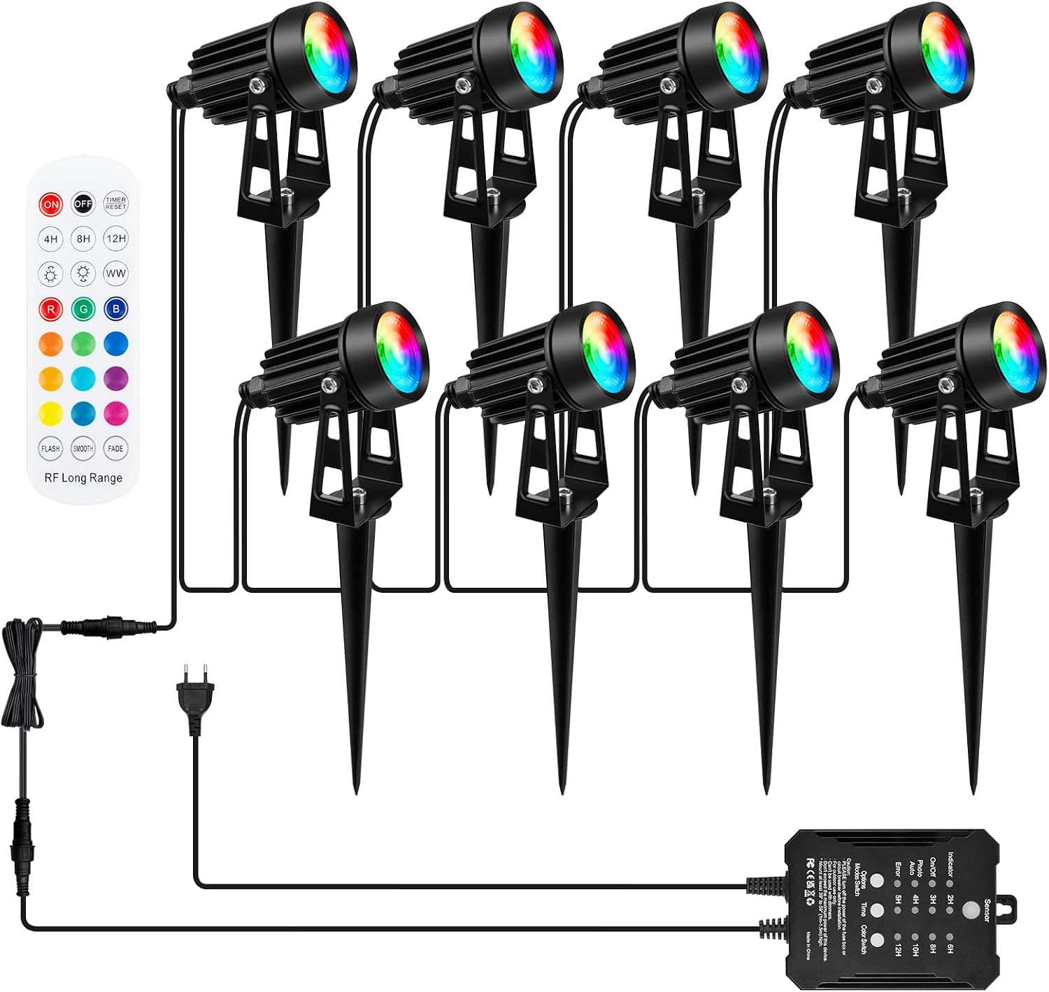 Detalle de COOLWEST RGB Gartenstrahler 8er-Set mit Fernbedienung, Lichtsensor und 24V, IP65 – 20 m Kabelsalat inklusive
