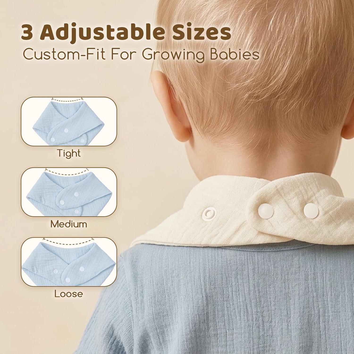 Detalle 1 de COOROBIN 8-Pack Muslin Baby Bibs with 2 Teethers, Adjustable 100% Cotton