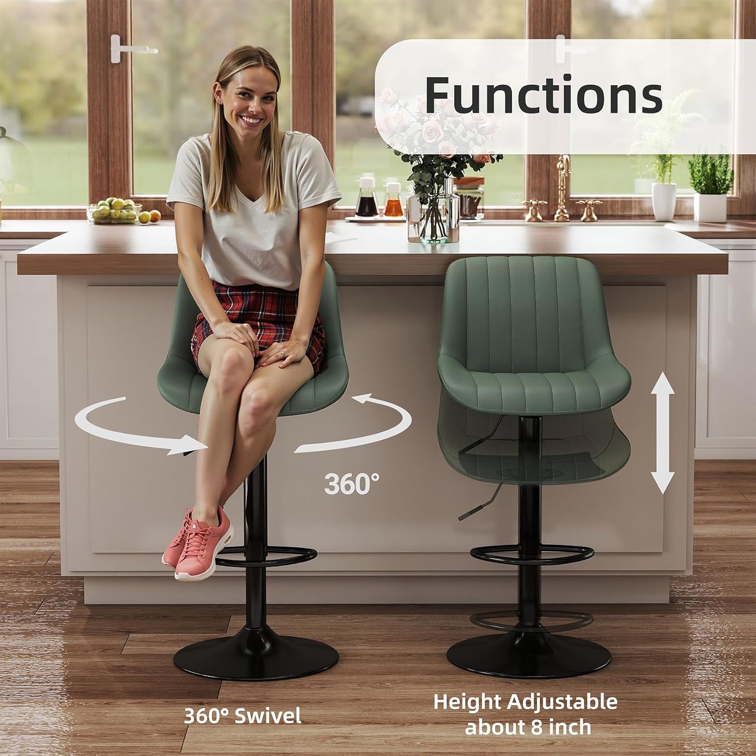 Detalle 2 de Youhauchair Adjustable Faux Leather Bar Stools, Set of 2, Green, Swivel